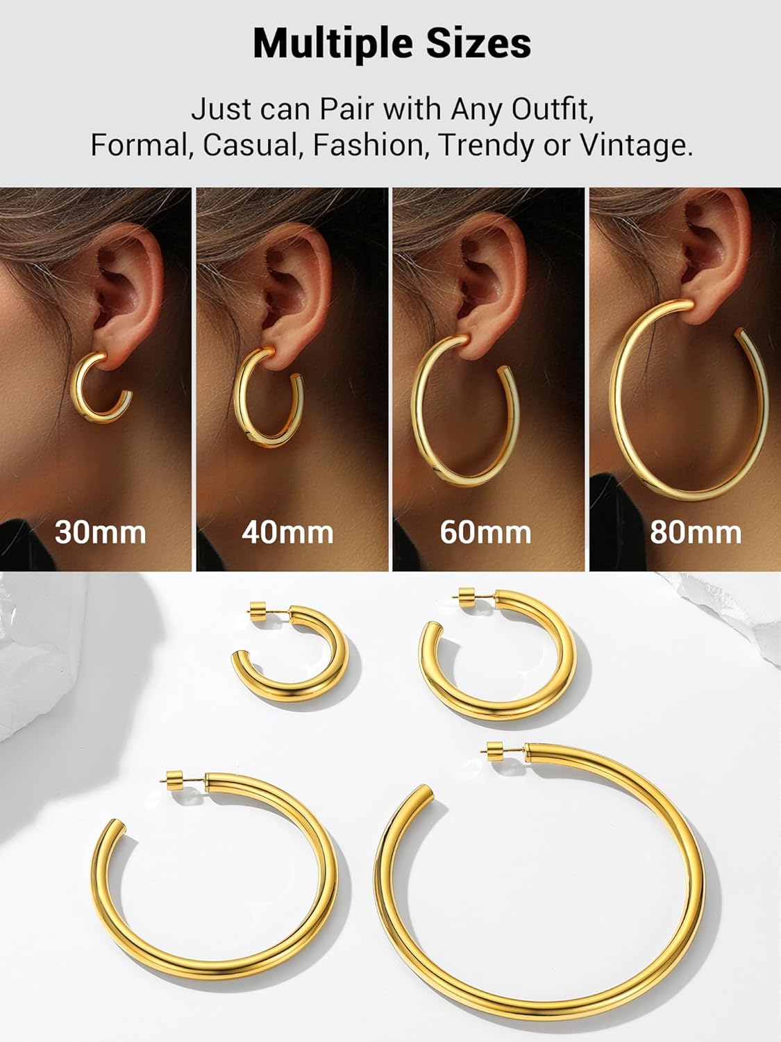 Thumbnail 4 de PROSTEEL Boucles d’oreilles demi-créoles ouvertes en acier inoxydable et plaqué or (anneaux 20/30/40/60/80 mm)