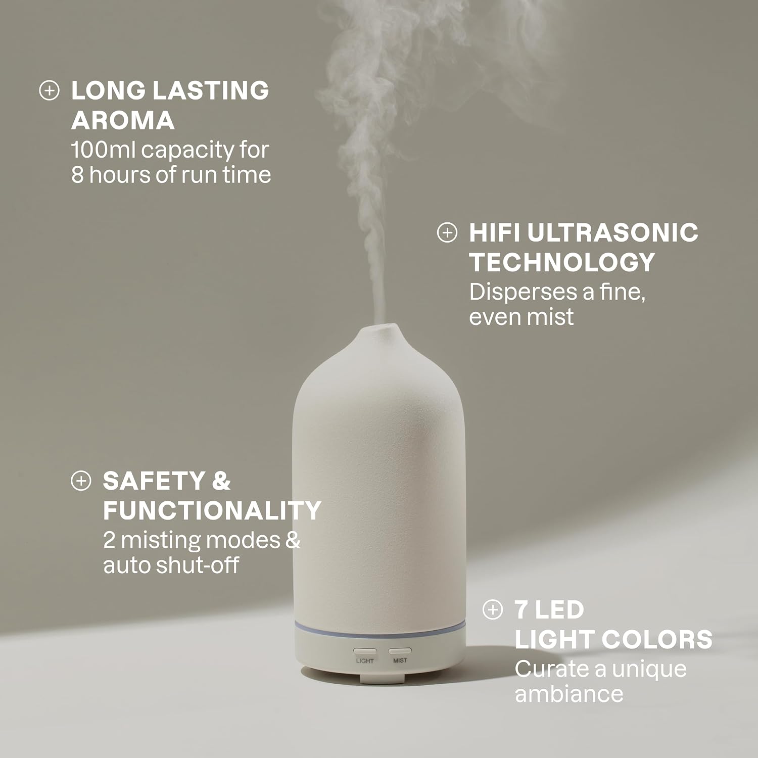 Detalle de Cliganic Signature Essential Oils Diffuser Set: White Ceramic Diffuser with LED and Peppermint, Lavender, Tea Tree & Orange Oils