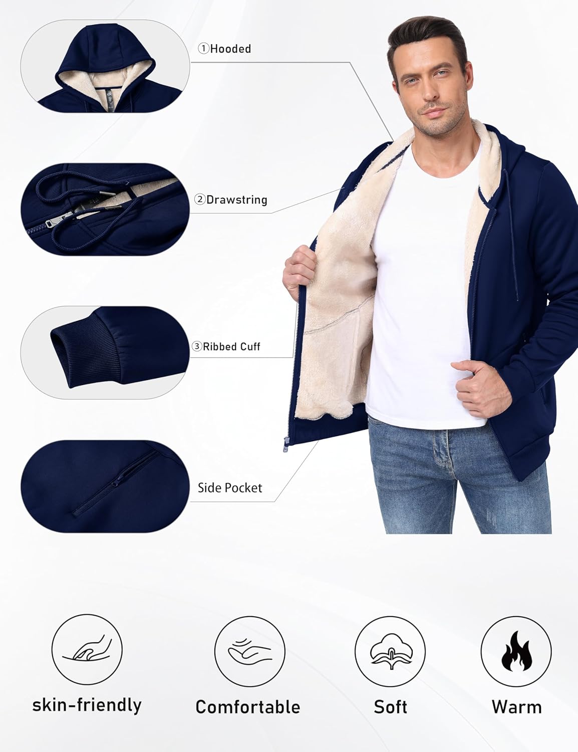 Thumbnail 4 de Veste polaire à capuche MoFiz pour homme en sherpa, fermeture éclair et poches zippées (M-3XL)