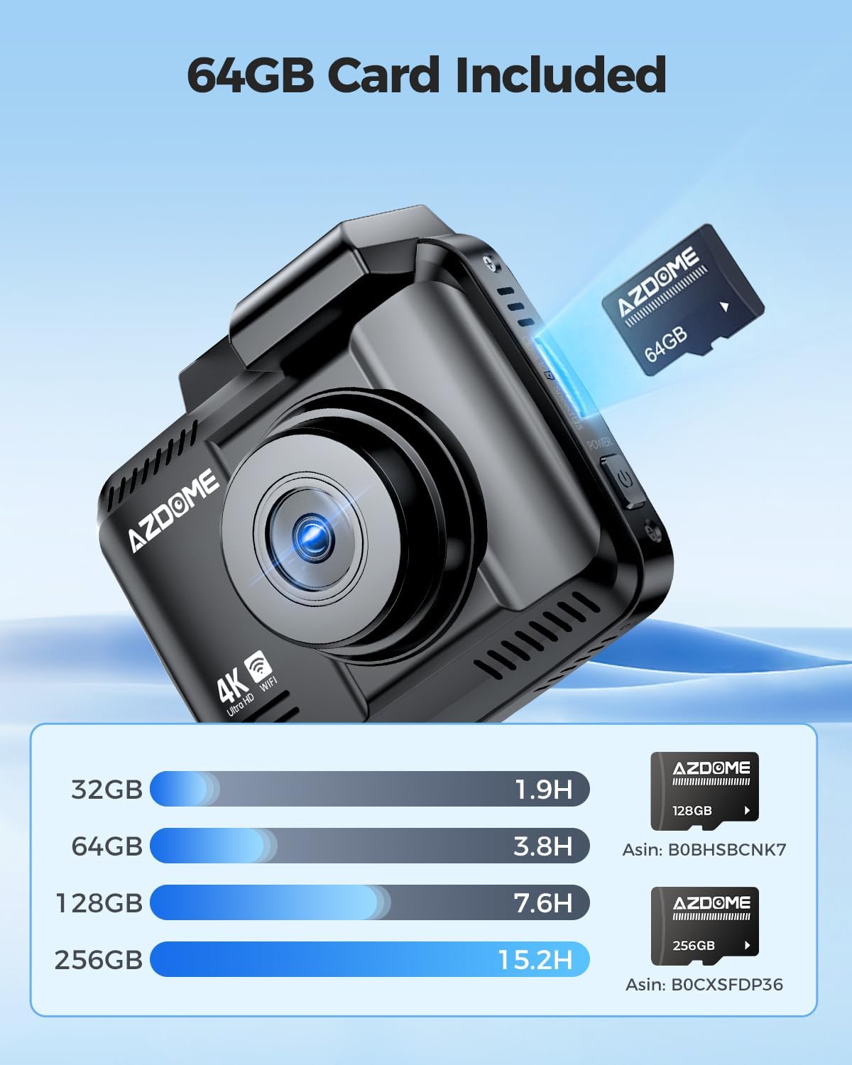 Detalle de AZDOME GS63H Pro dual dash cam (front 4K + rear 2.5K/GPS) with WiFi, 64GB SD, parking monitoring