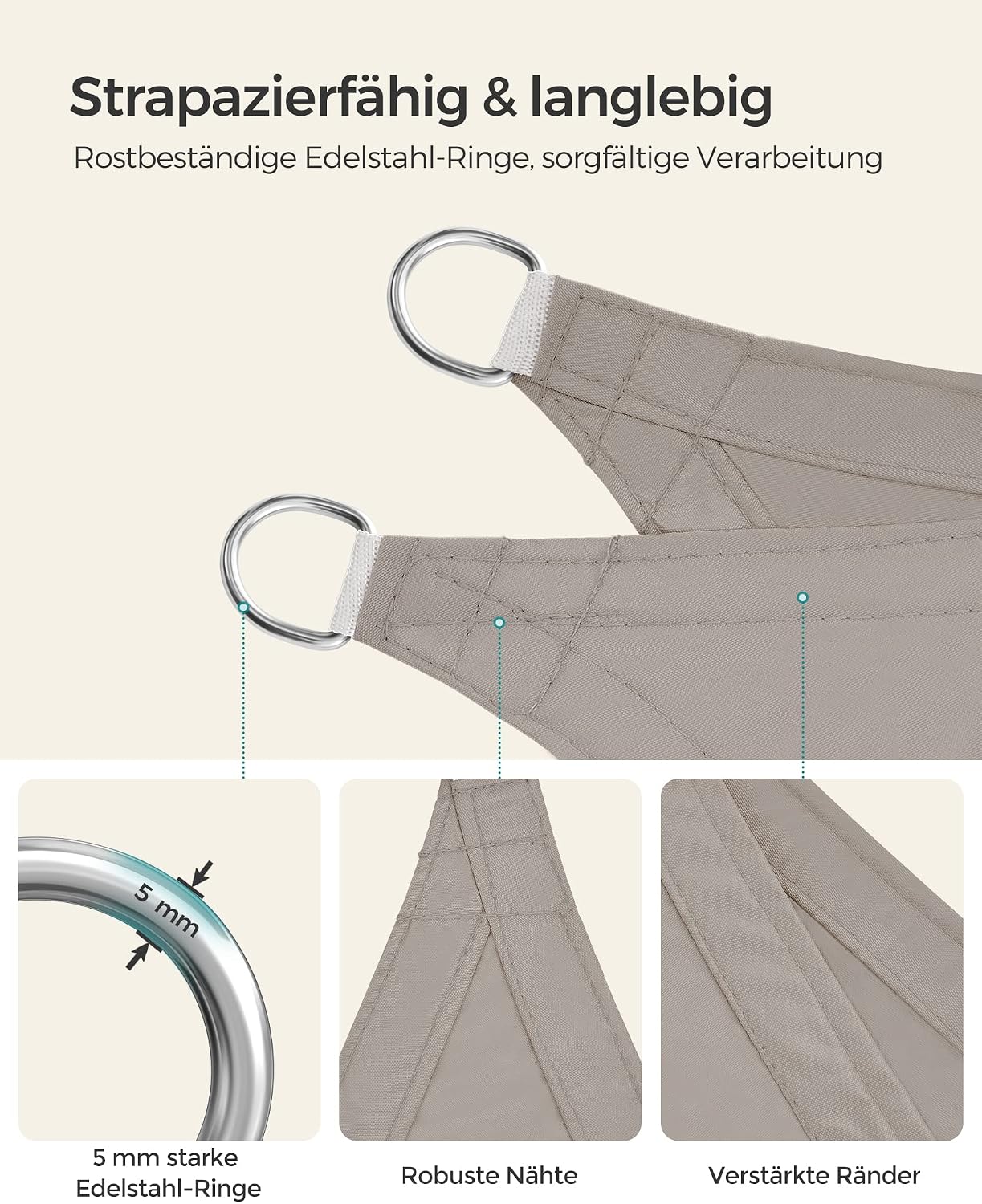 Detalle 2 de SONGMICS Sonnensegel 2 x 3 m (GSH23TP) taupe, wasserabweisend, UV-Schutz 93%