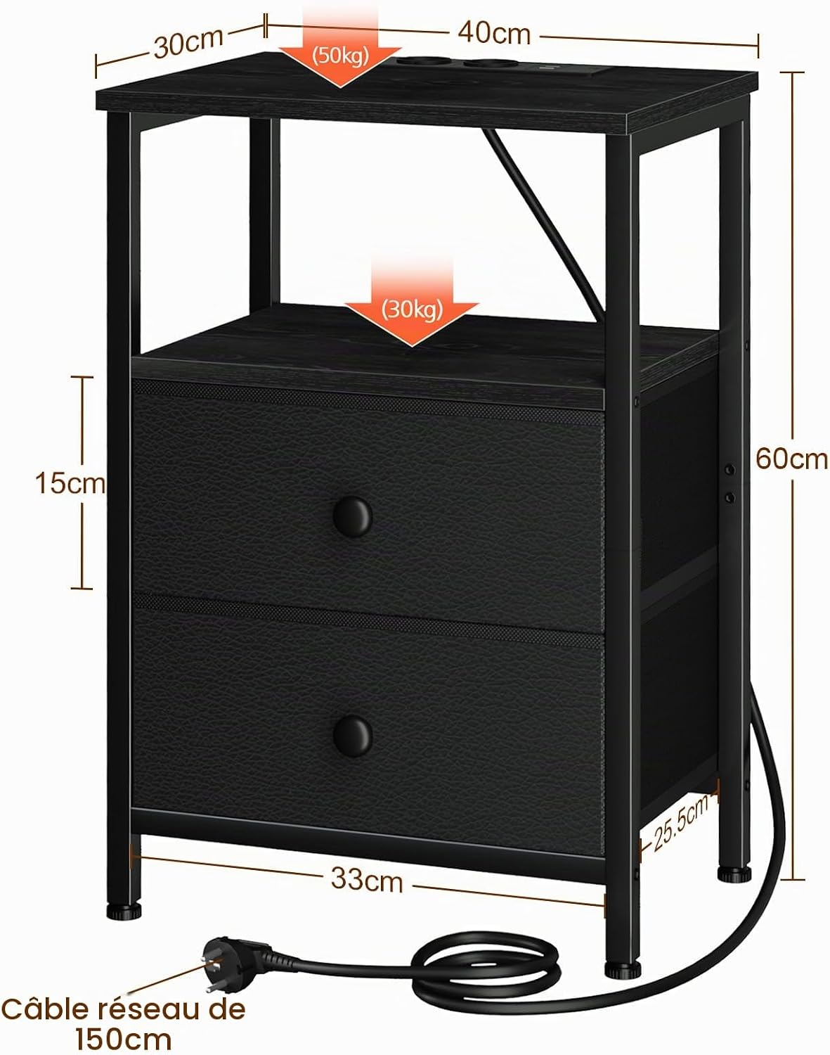 Detalle de AMHANCIBLE HETS020BK-1 nachtkastje met laadstation en 2 stoffen laden, zwart