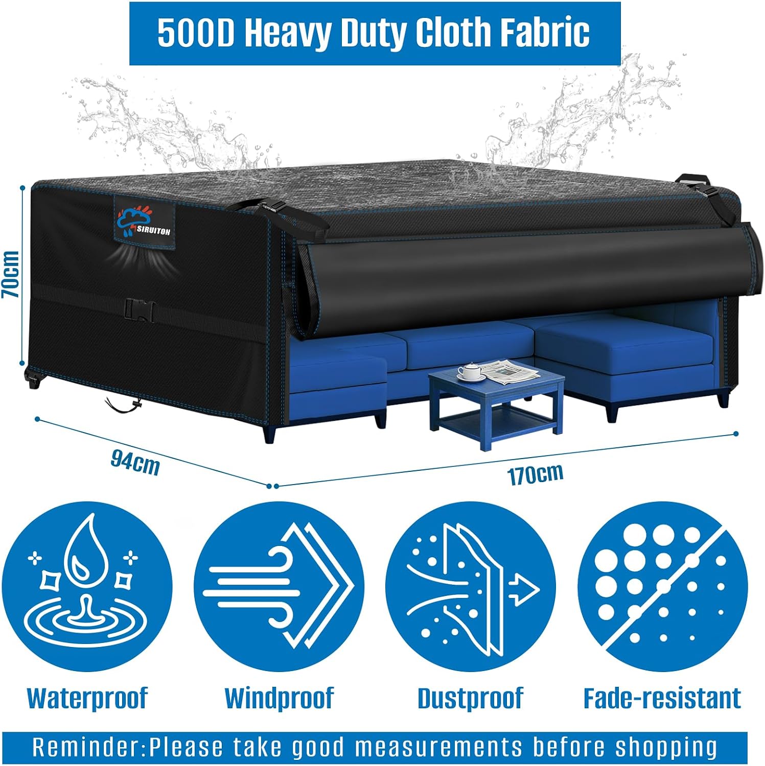 Thumbnail 1 de SIRUITON Copertura impermeabile per mobili da giardino 170x94x70 cm – 500D Oxford, finestra Dual-Zipper
