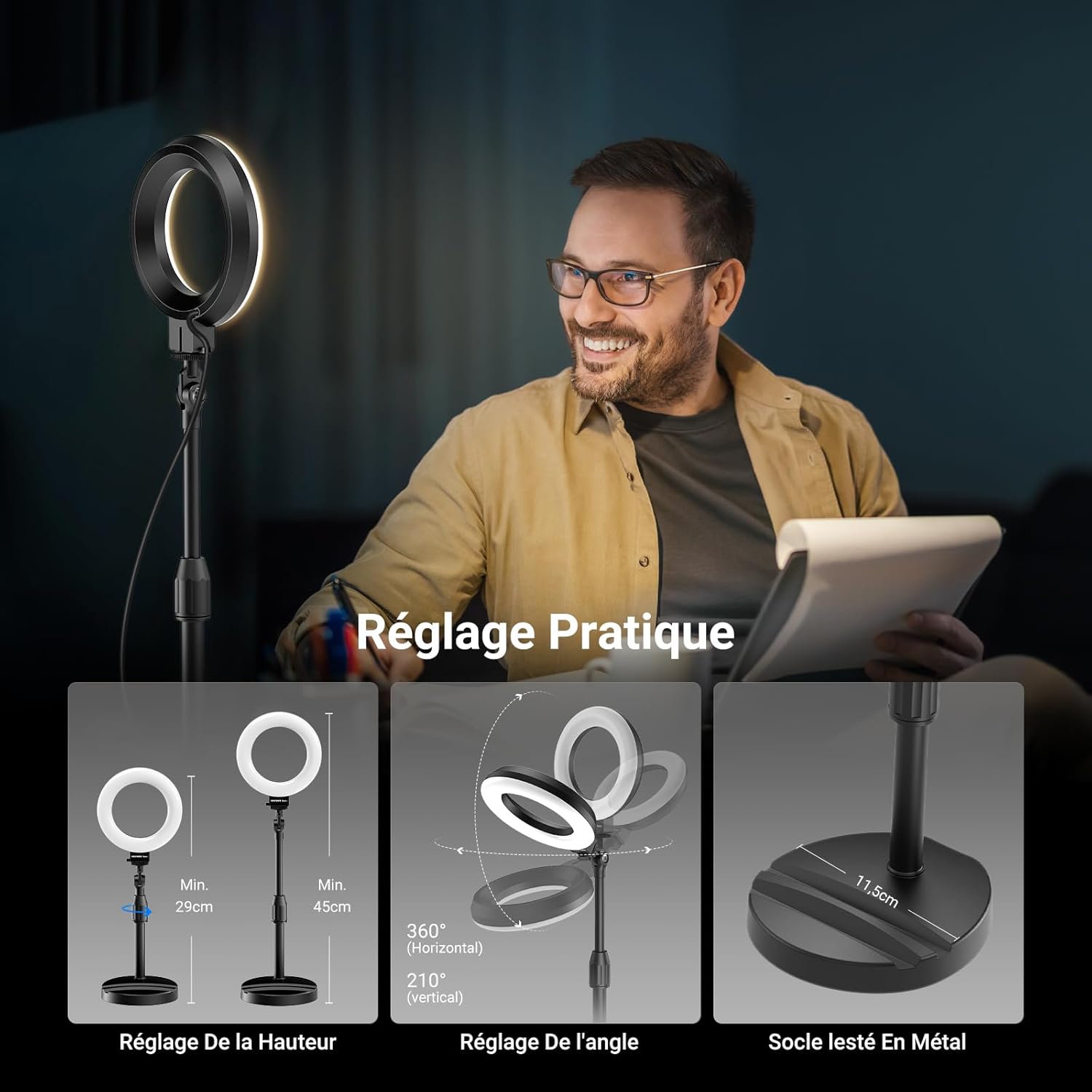 Thumbnail 5 de NEEWER BASICS 5" Ring Light avec Support et Pince – LED 10W, USB, Noir (BR60)