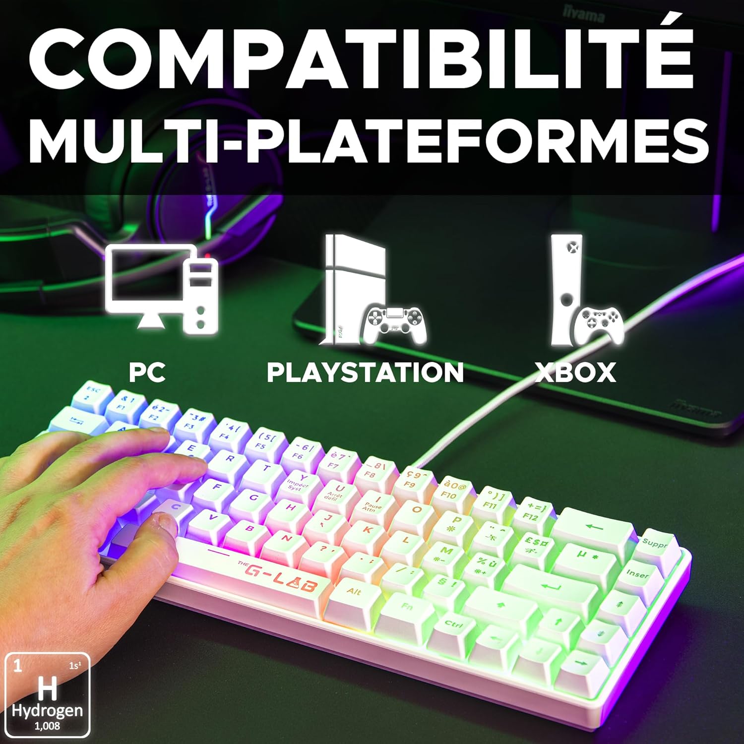 Thumbnail 4 de The G-Lab Keyz Hydrogen: Clavier Gamer 60% semimec à LED multicolore pour PC/PS5