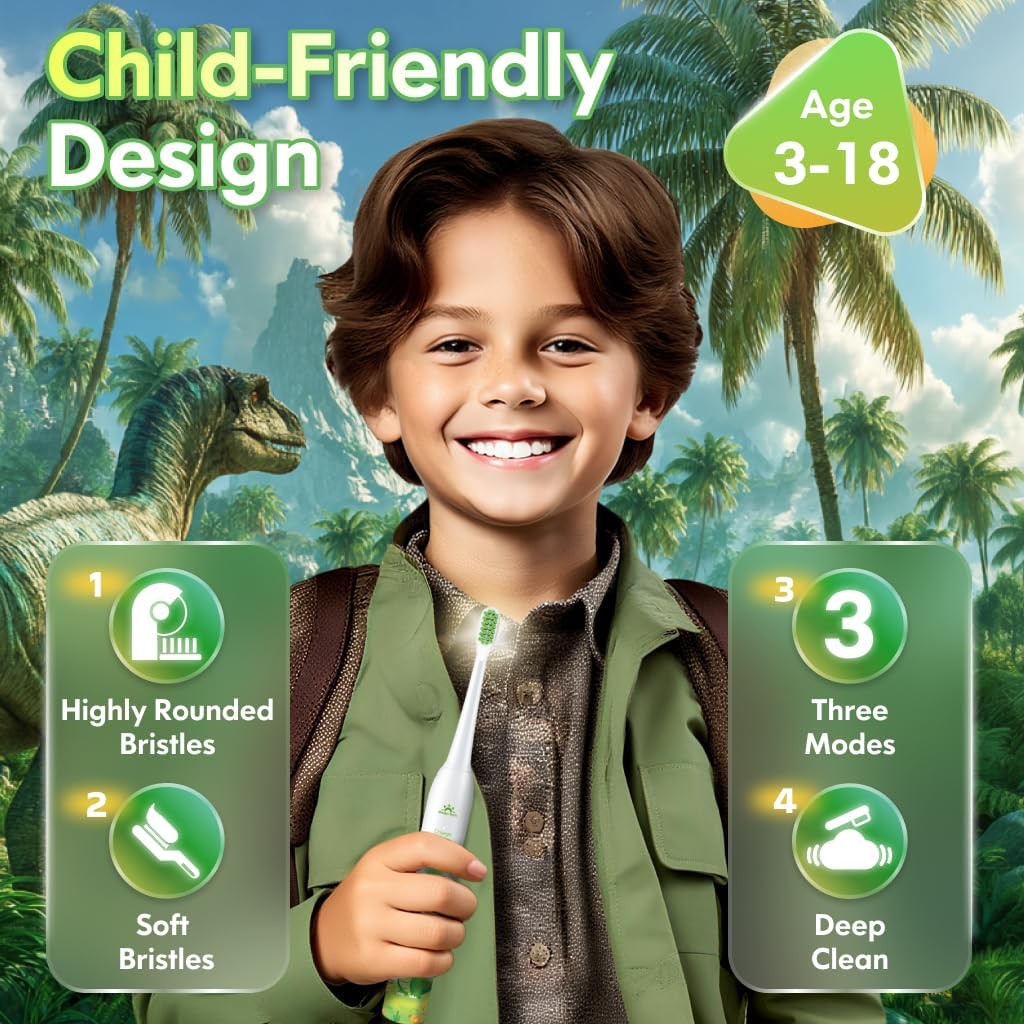 Detalle 2 de Dada-Tech Kids Electric Toothbrush (Dinosaur White) – Rechargeable with 2-Minute Timer, 3 Modes & Reward Stickers