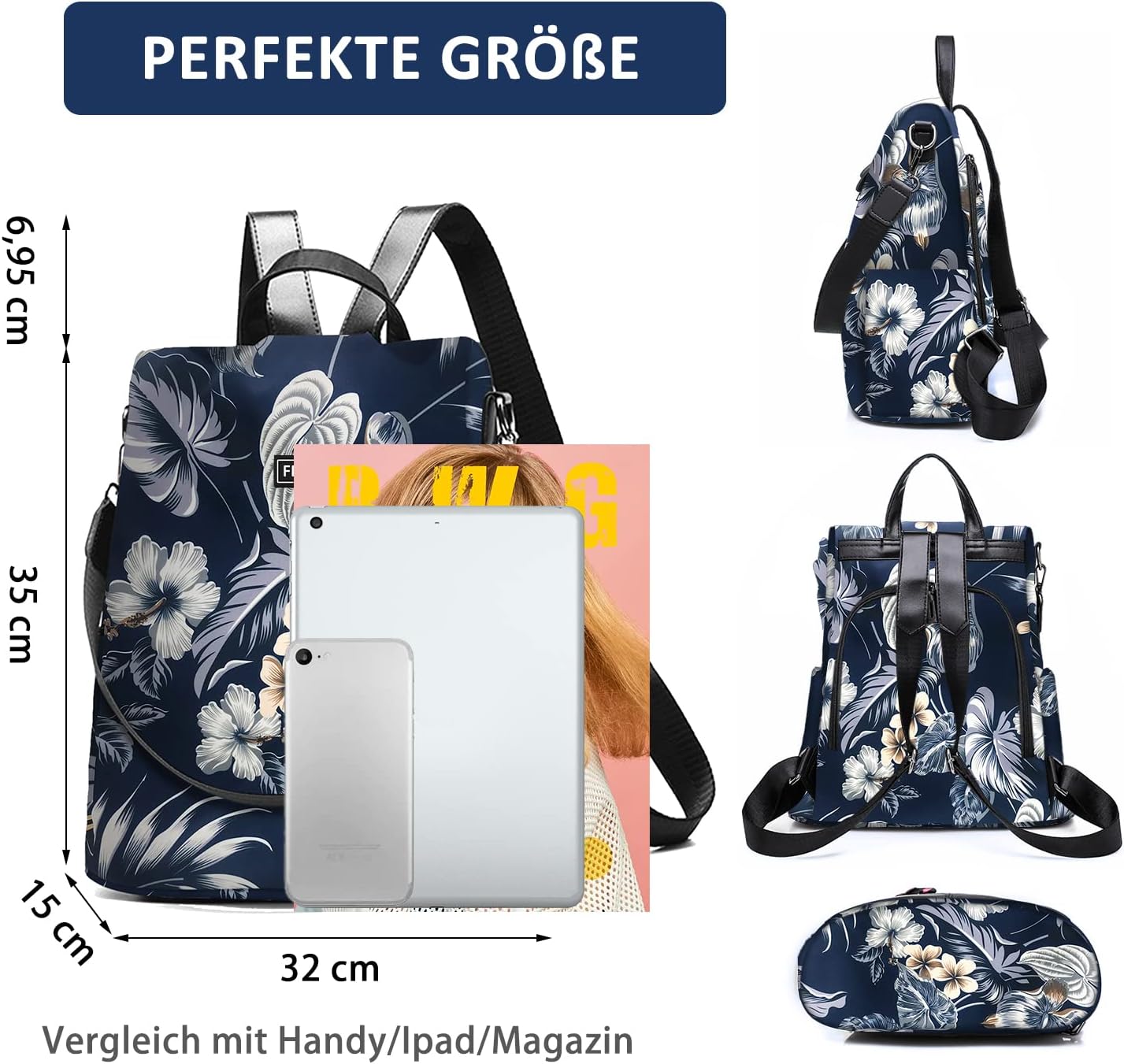 Detalle 2 de Fmeida Rucksack Damen Anti-Diebstahl Nylon 2 in 1 | Wasserdicht, leicht und vielseitig