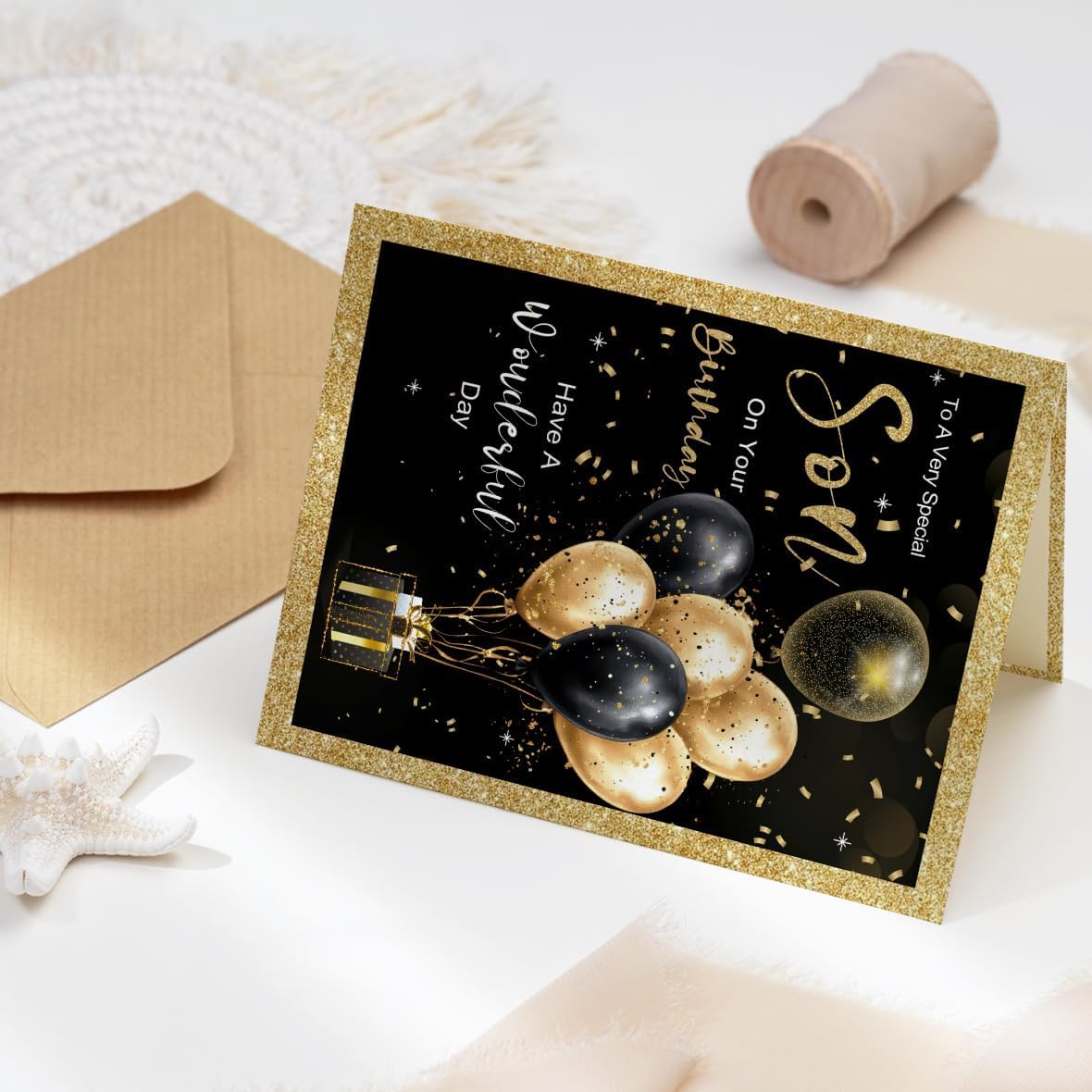 Detalle 2 de Generic Son Birthday Card, 8 x 5.3-Inch Black and Gold Balloon Design