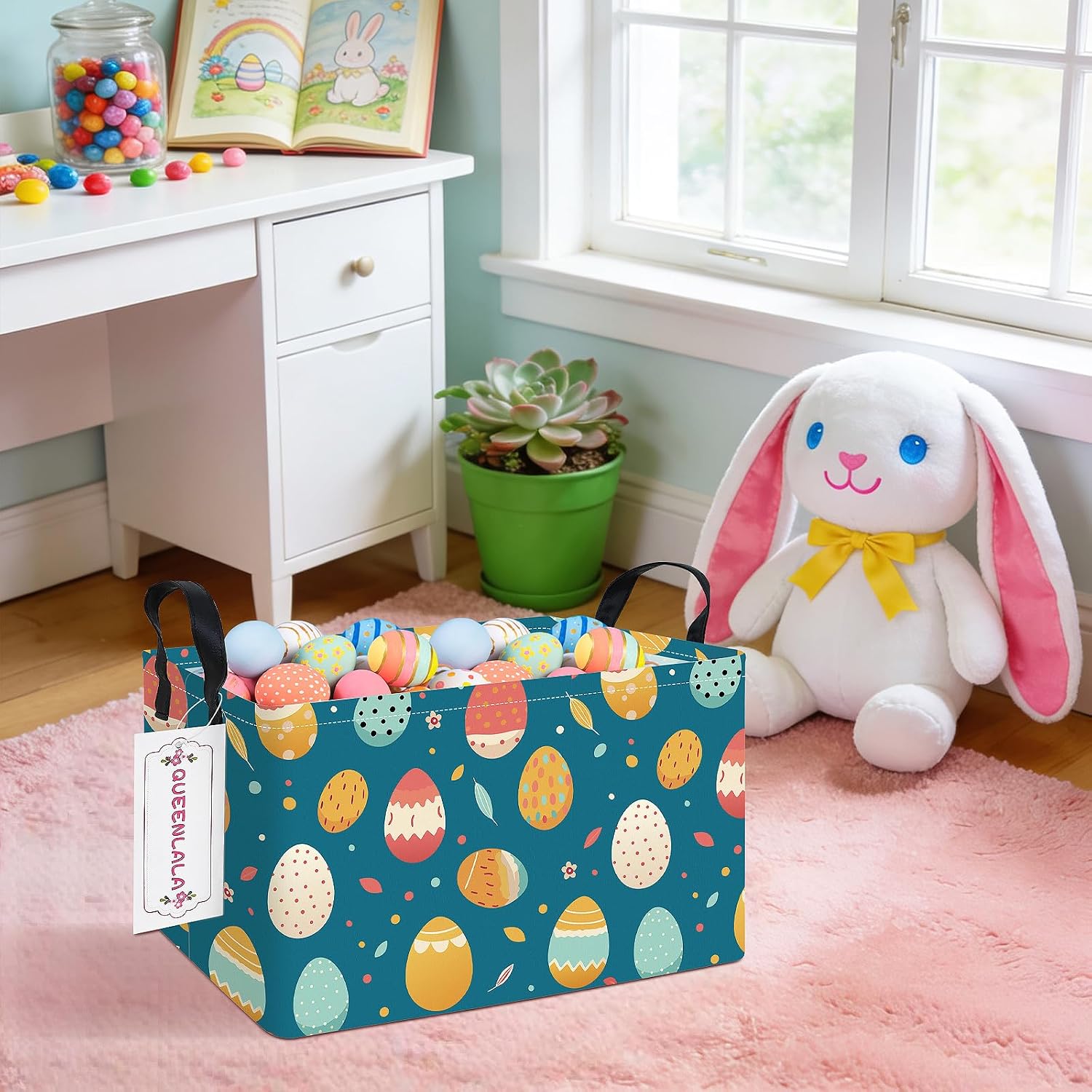 Thumbnail 3 de QUEENLALA Rectangular Collapsible Laundry Basket, Blue Easter Egg Print