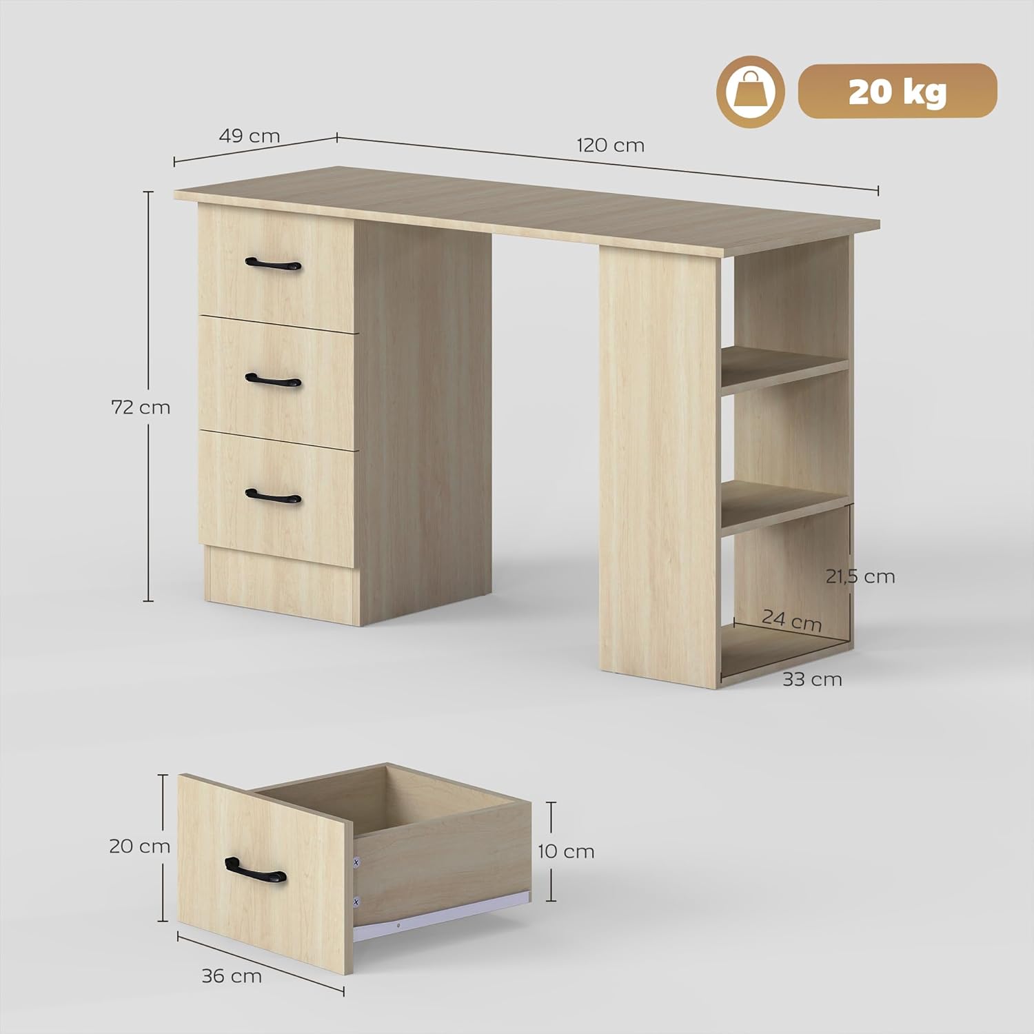 Thumbnail 2 de HOMCOM Bureau d'ordinateur 120x49x72 cm avec 3 tiroirs et 3 étagères – rangement réversible en MDF bois naturel