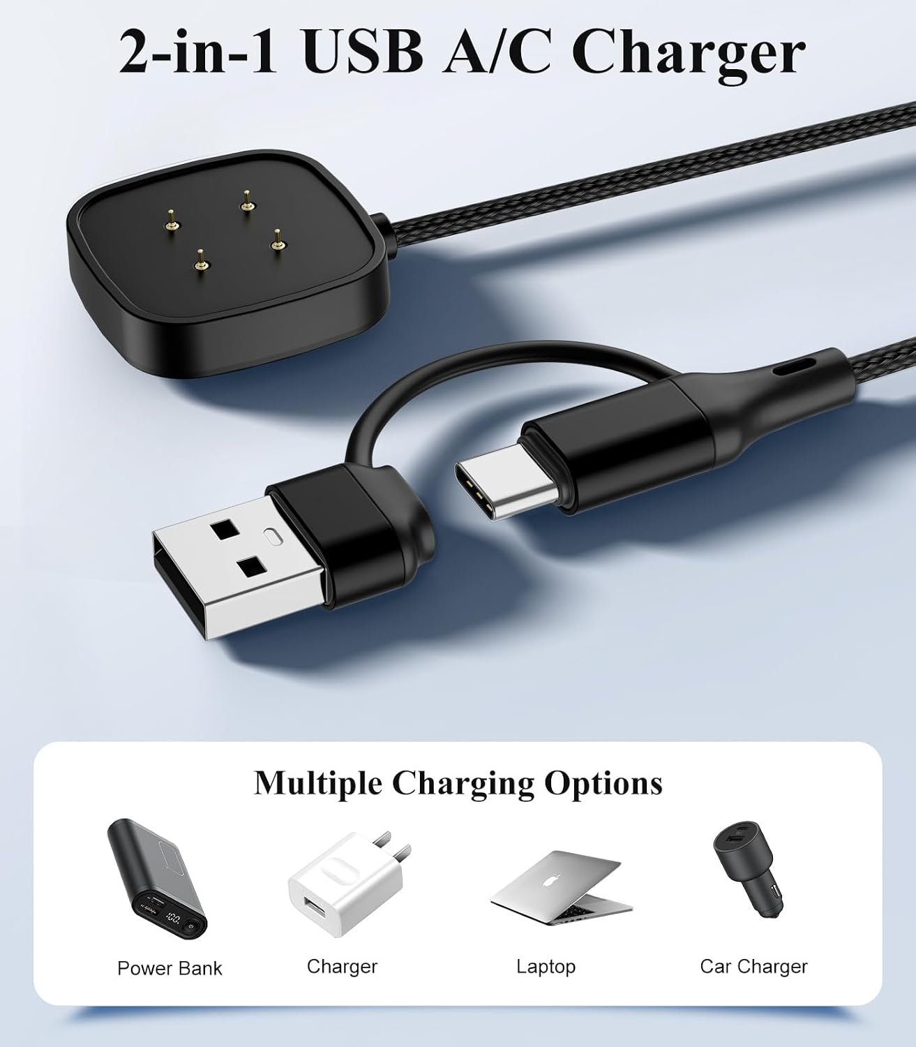 Detalle 2 de TiMOVO 2-in-1 Charger for Fitbit Versa 4/3/Sense 2/Sense and Google Pixel Watch — 2 Pack Magnetic Dock, 3.3 ft USB Cable