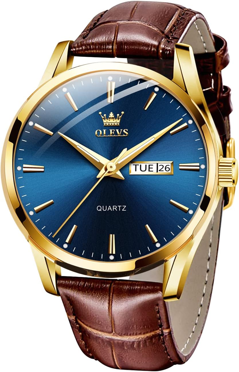 Detalle de OLEVS Herrenuhr mit braunem/ schwarzem Lederarmband – Quarz, Datum & Wochentag, Leuchtzeiger, 30 m wasserdicht