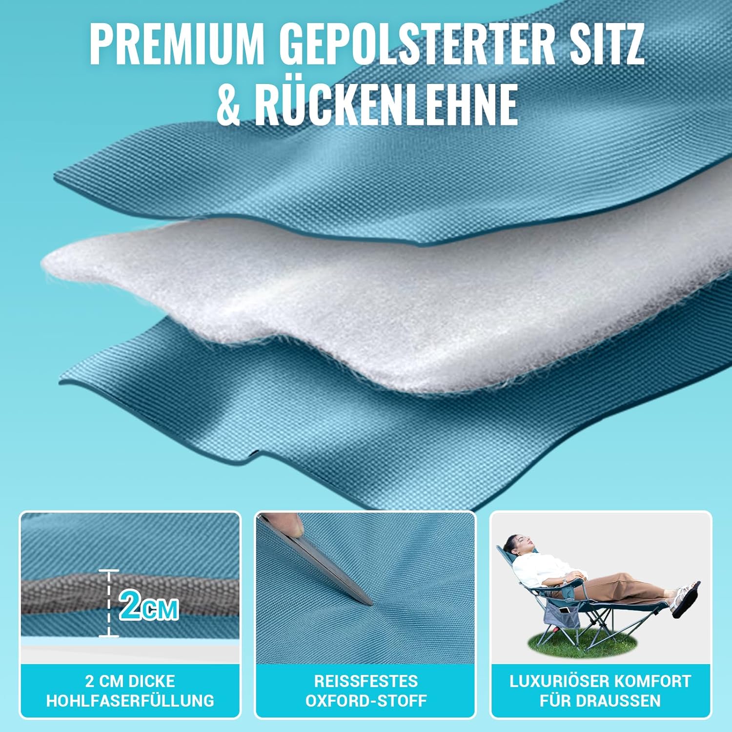 Detalle de WEJOY 2-in-1 Campingstuhl Faltbar mit Fußstütze – gepolstert, 3 Positionen, 2er Set ( Cyan )