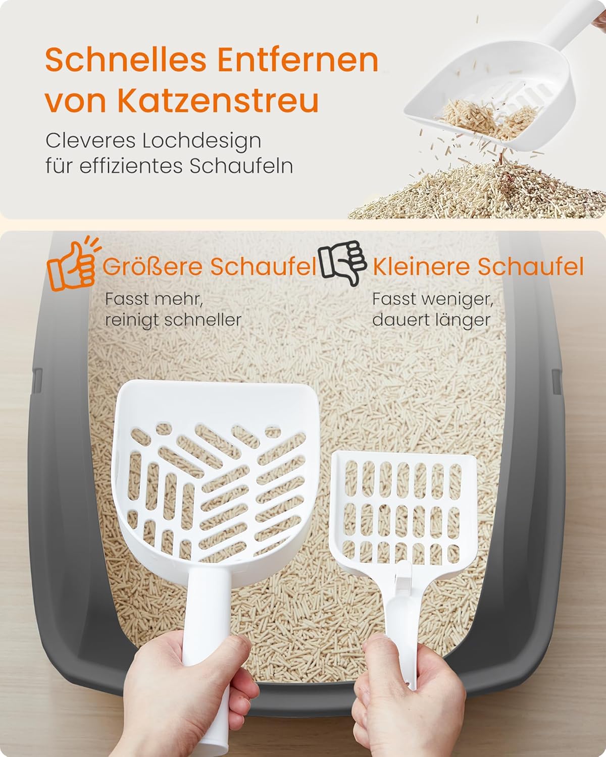 Detalle de Feandrea Katzenklo XXL mit hohen Seitenwänden, offenem Oberteil und Schaufel – schiefergrau PPT010GN01