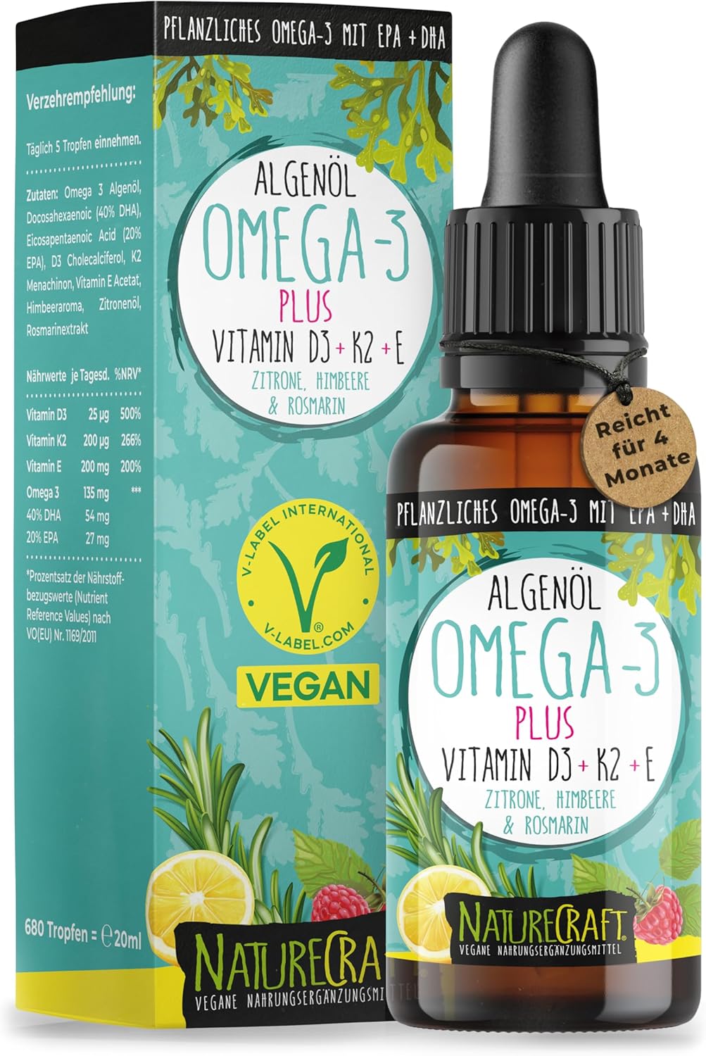 Detalle de Omega-3 Algenöl PLUS von Algenöl PLUS – 40% DHA & 20% EPA mit Vitamin D3, K2 (MK7) sowie Vitamin E (vegan), Zitrone & Rosmarin
