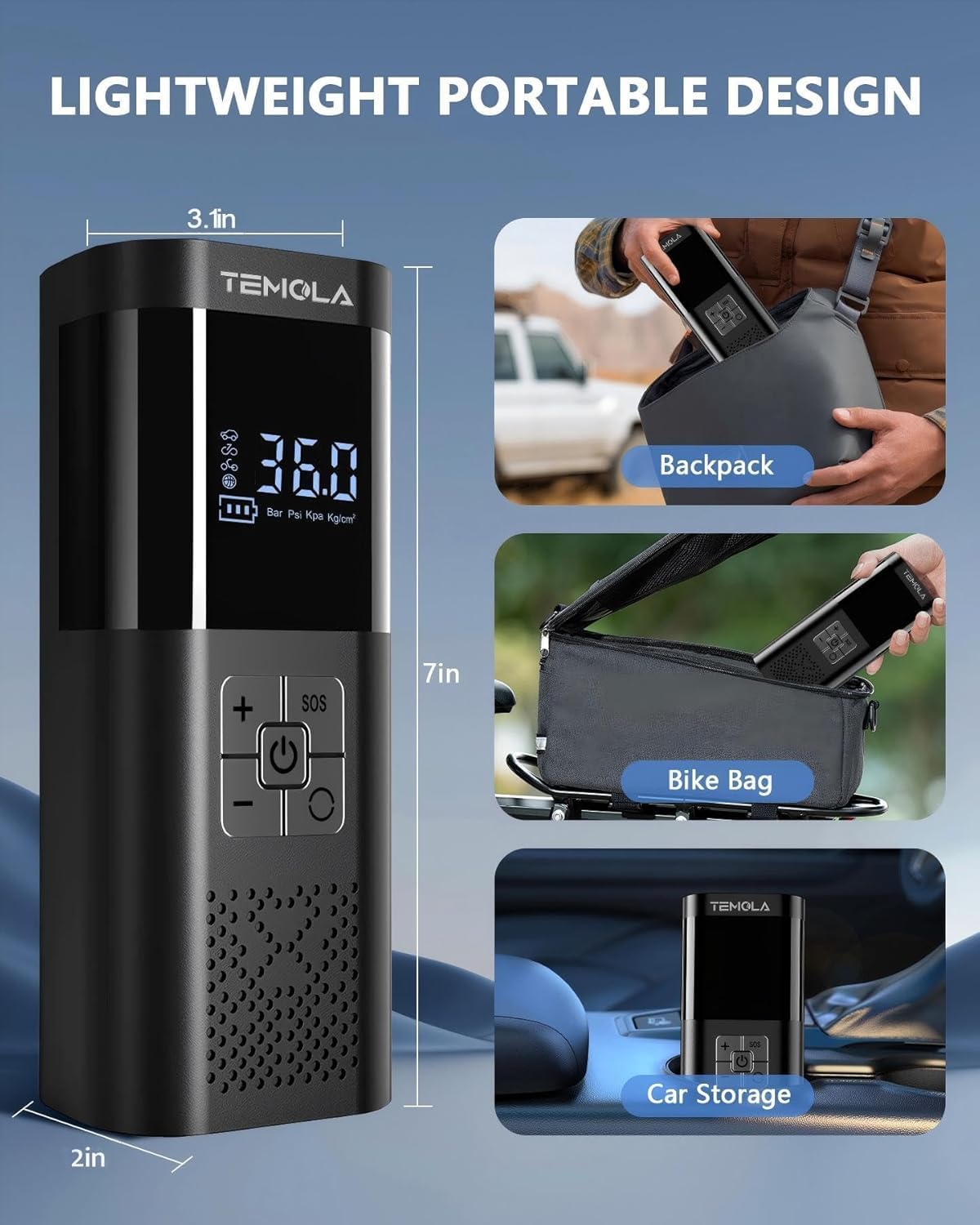 Detalle de TEMOLA TN10E Portable Tire Inflator, 150 PSI with Digital Display and LED Light
