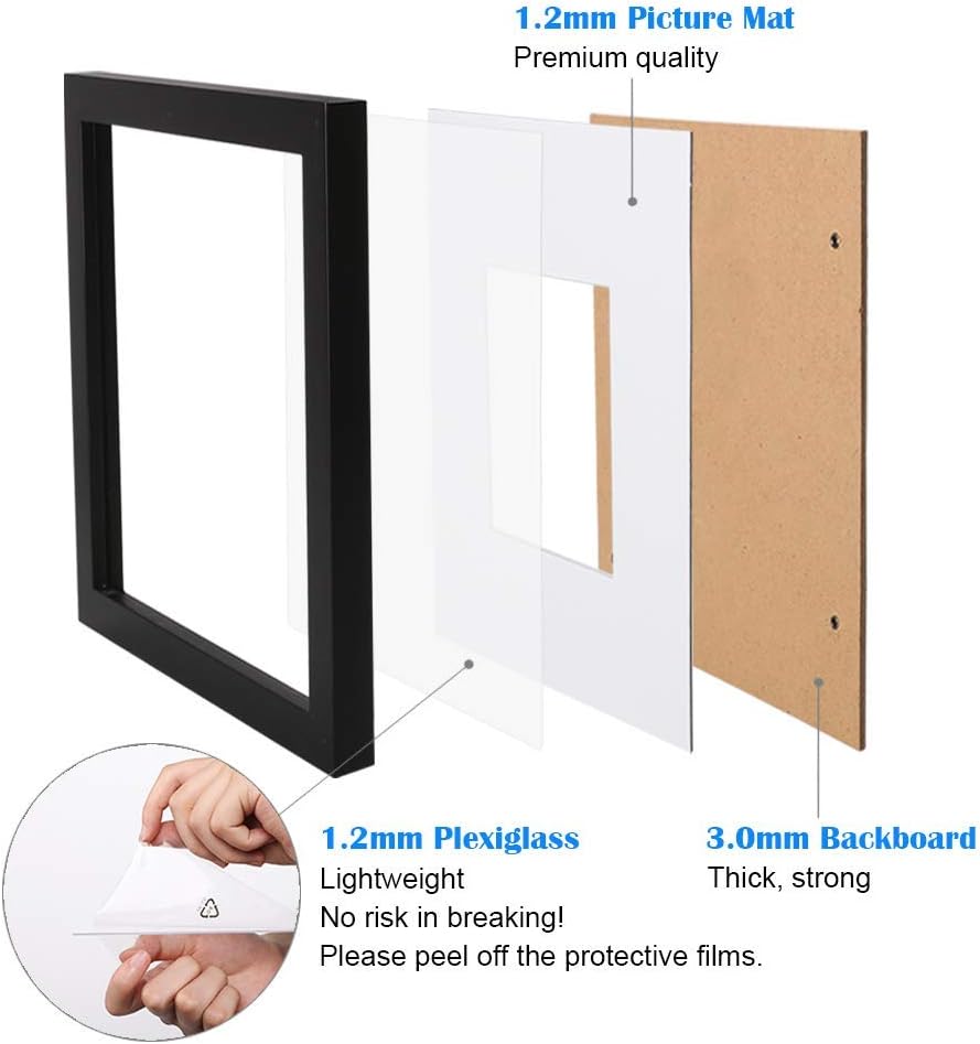 Detalle 2 de A3 Frame: 100% Solid Wood with A4 Mat, Plexiglass, Wall-Mountable A3 Picture Frame (Black)
