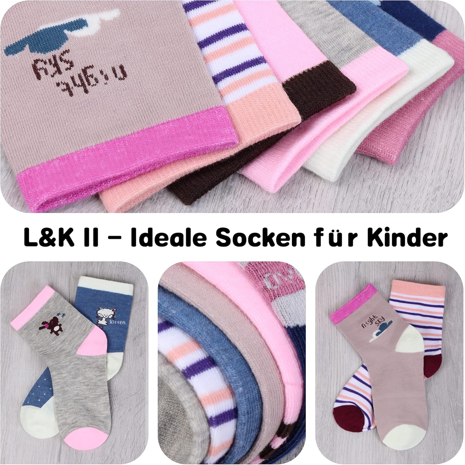 Thumbnail 2 de Lot de 12 chaussettes enfants filles en coton L&K-II motif mignon coloré automne/hiver