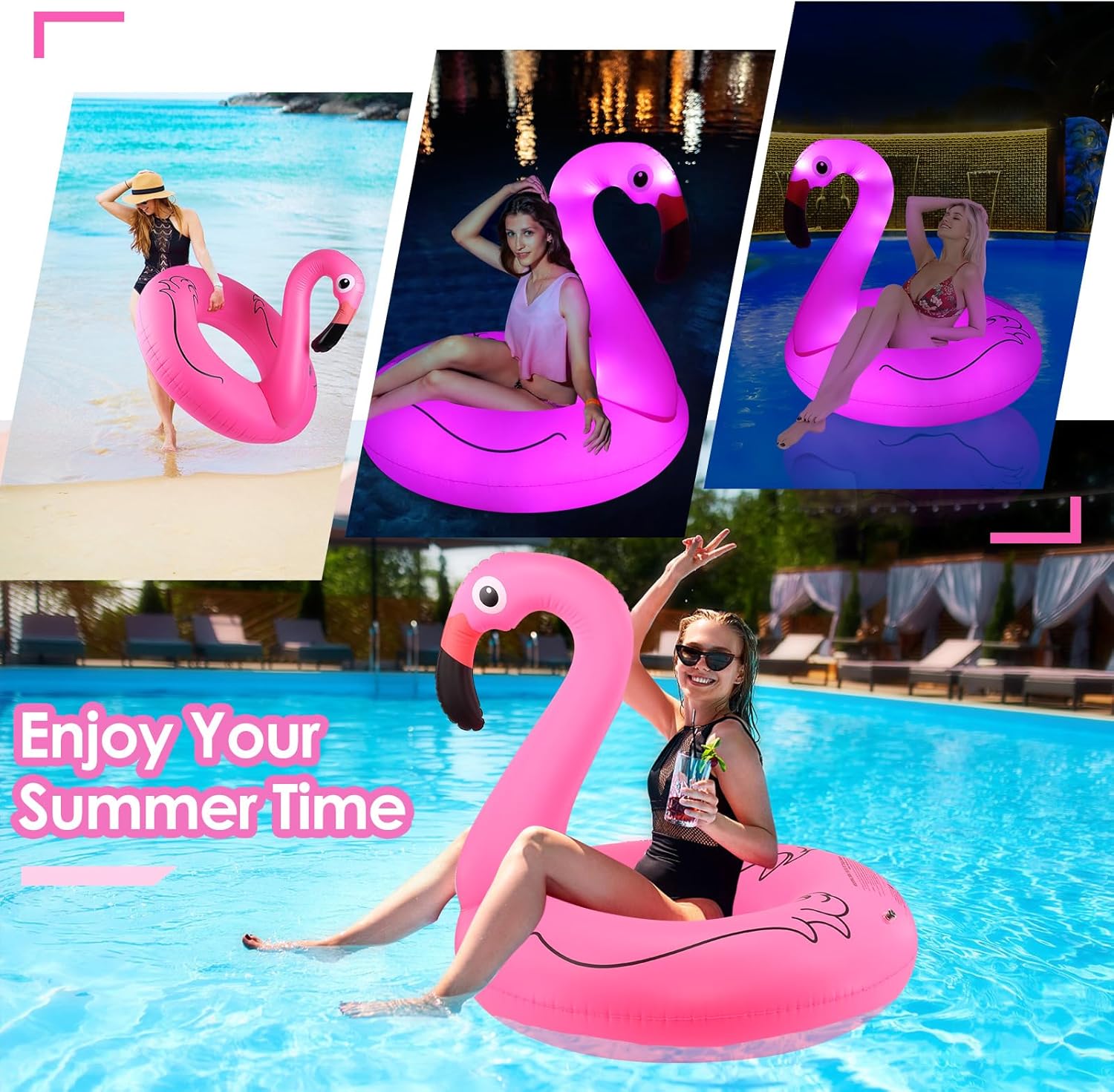 Detalle de DeeprBling Aufblasbar Flamingo-Schwimmring mit Lichtern – Großer Pool Flamingo für Erwachsene