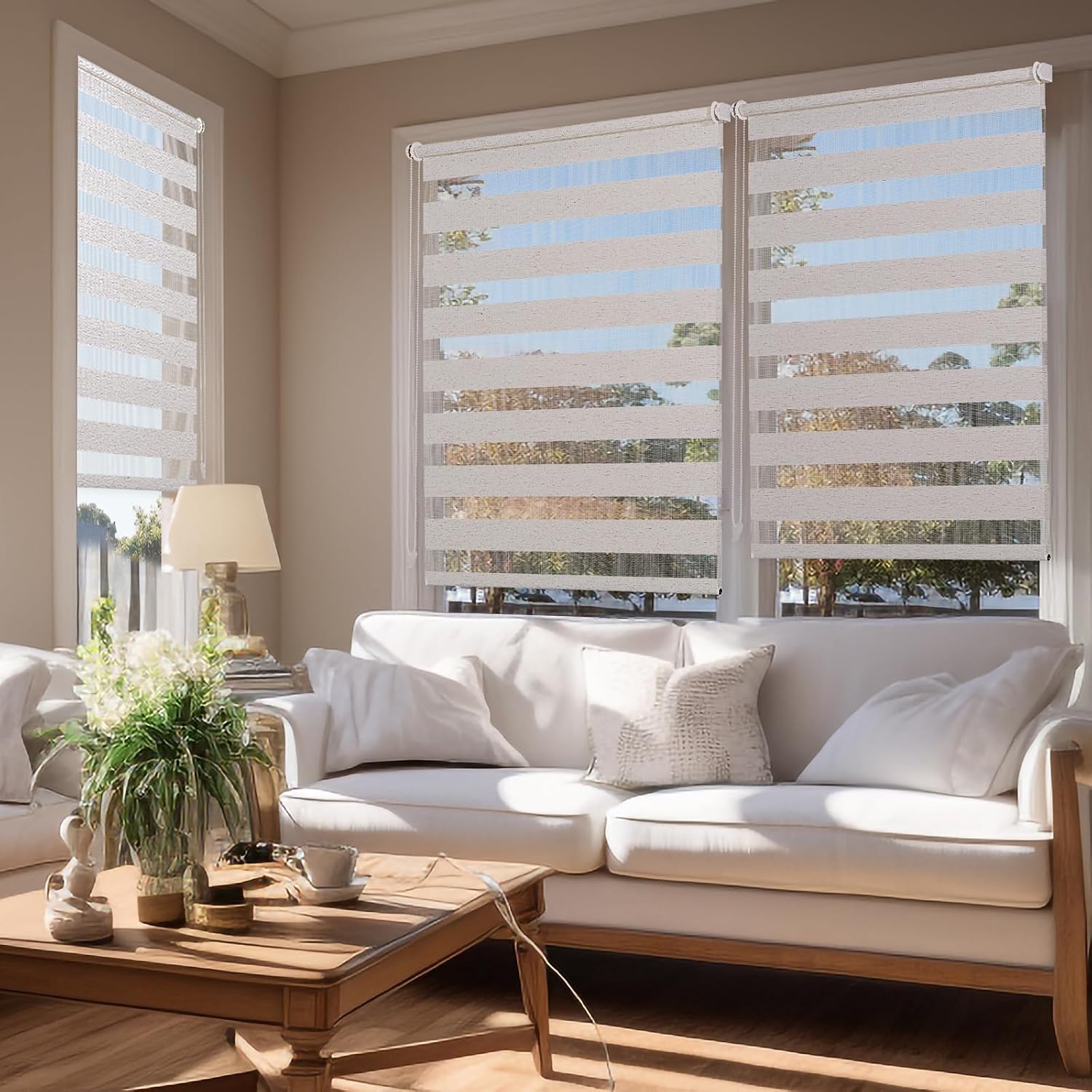 Detalle 2 de Sekey Doppelrollo Klemmfix ohne Bohren für Fenster – 90x130 cm, Leinenoptik