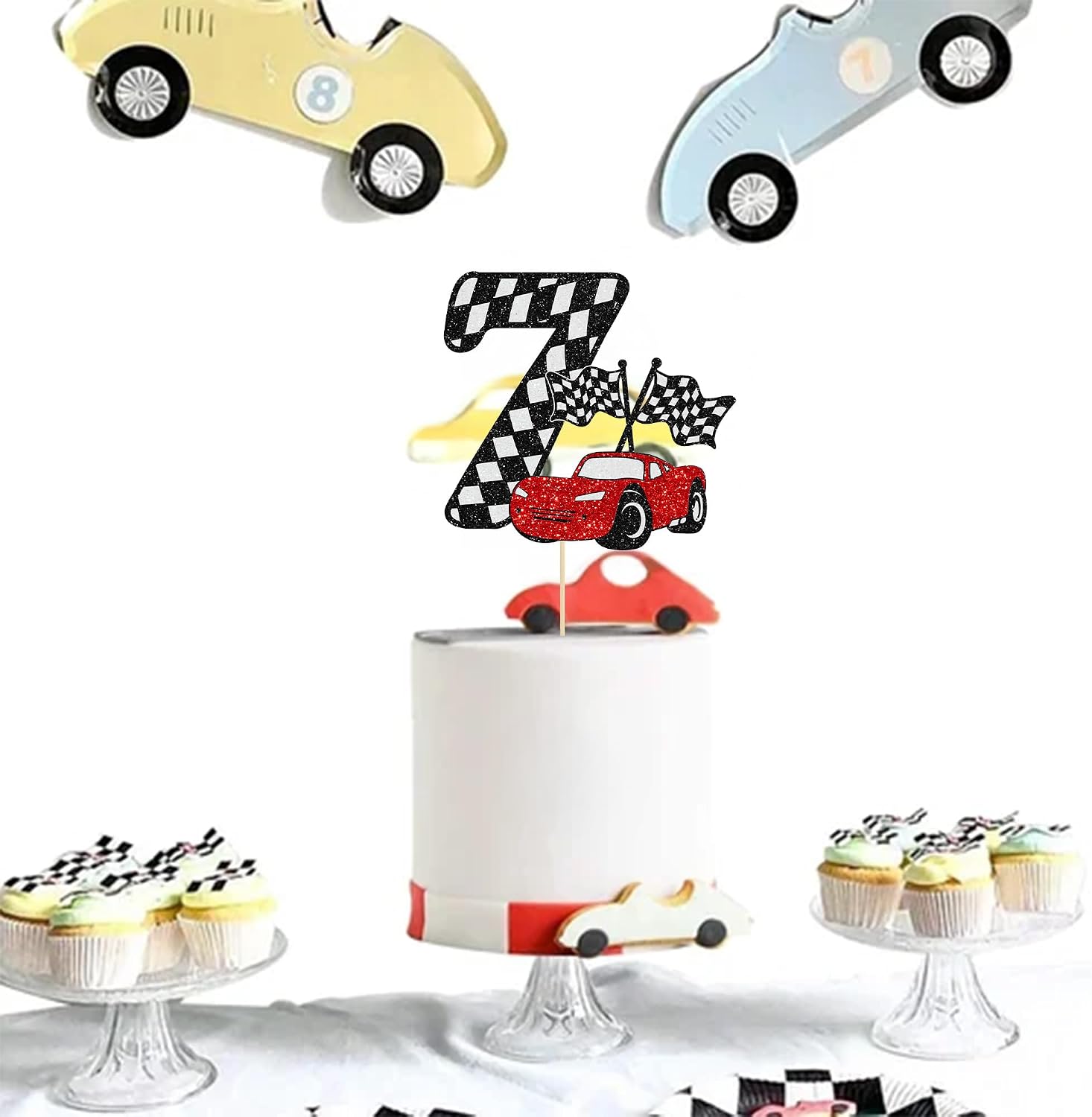Detalle de Gyufise 7th レースカーケーキトッパー グリッター・チェッカーフラッグテーマ