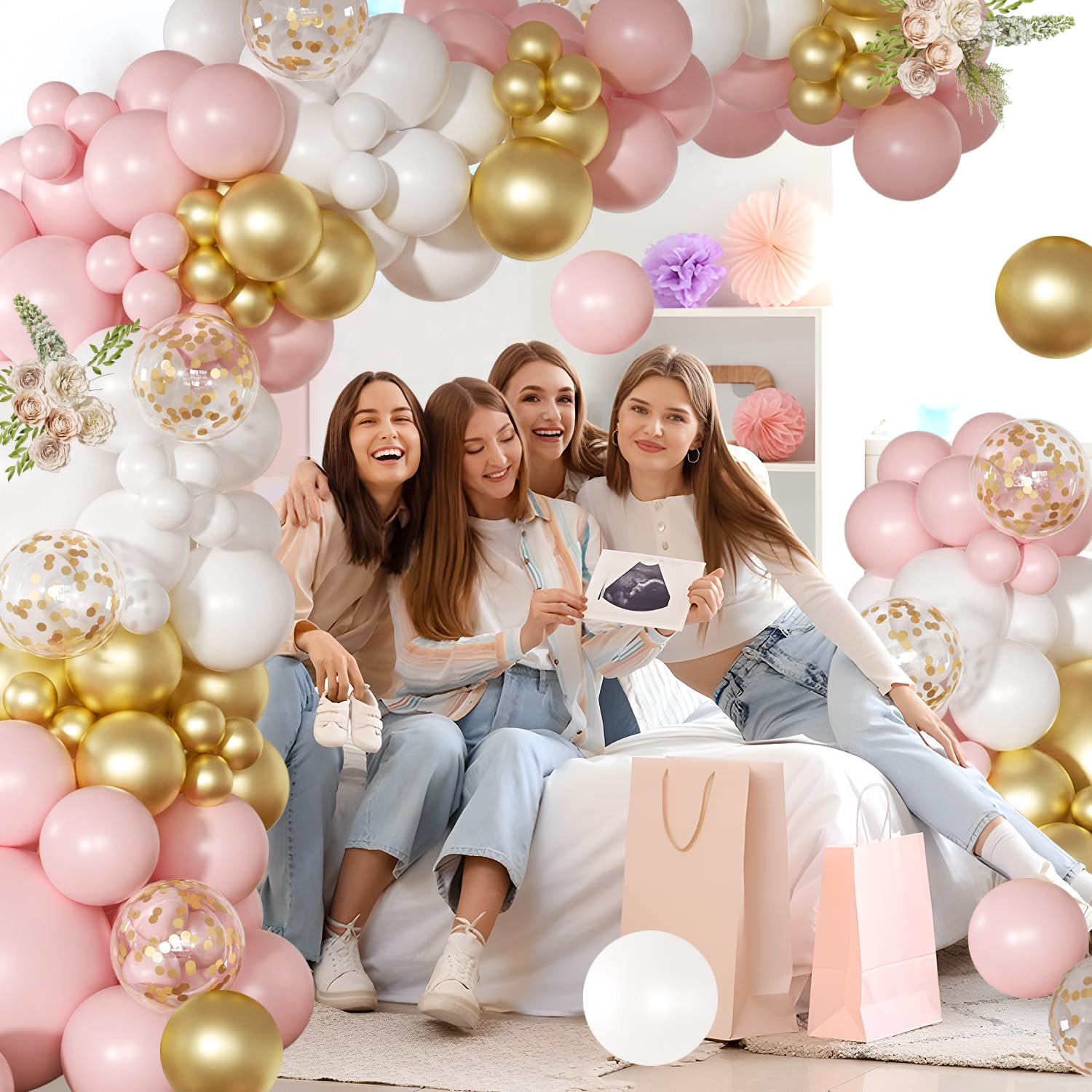 Detalle de Pink and White Balloon Arch Kit, 138 Pcs: Pastel Garland for Birthdays, Baby Showers, Weddings