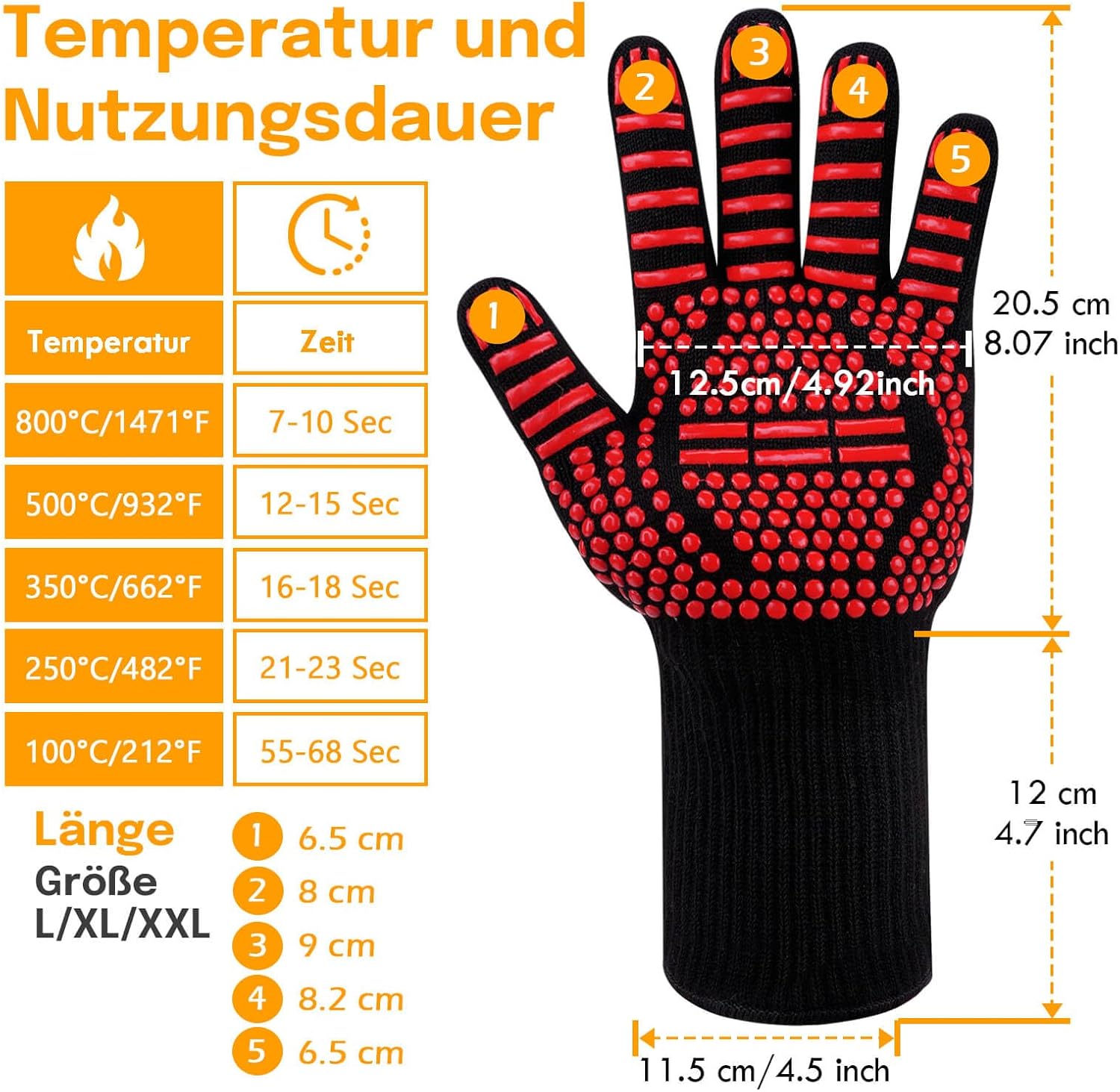 Detalle de Reinalin Grillhandschuhe hitzebeständig bis 800 °C (EN407/EN388) – Ofen-, BBQ- und Backhandschuhe in Rot, L/XL/XXL