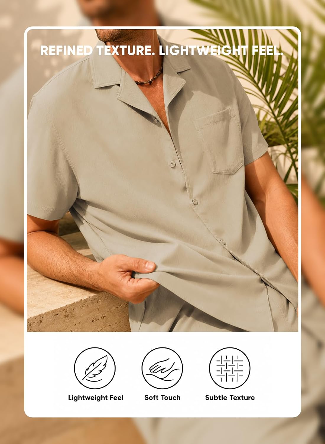 Detalle de JMIERR Men Texture 2-Piece Outfit Short Sleeve Beach Button-Down Shirt & Pant Set