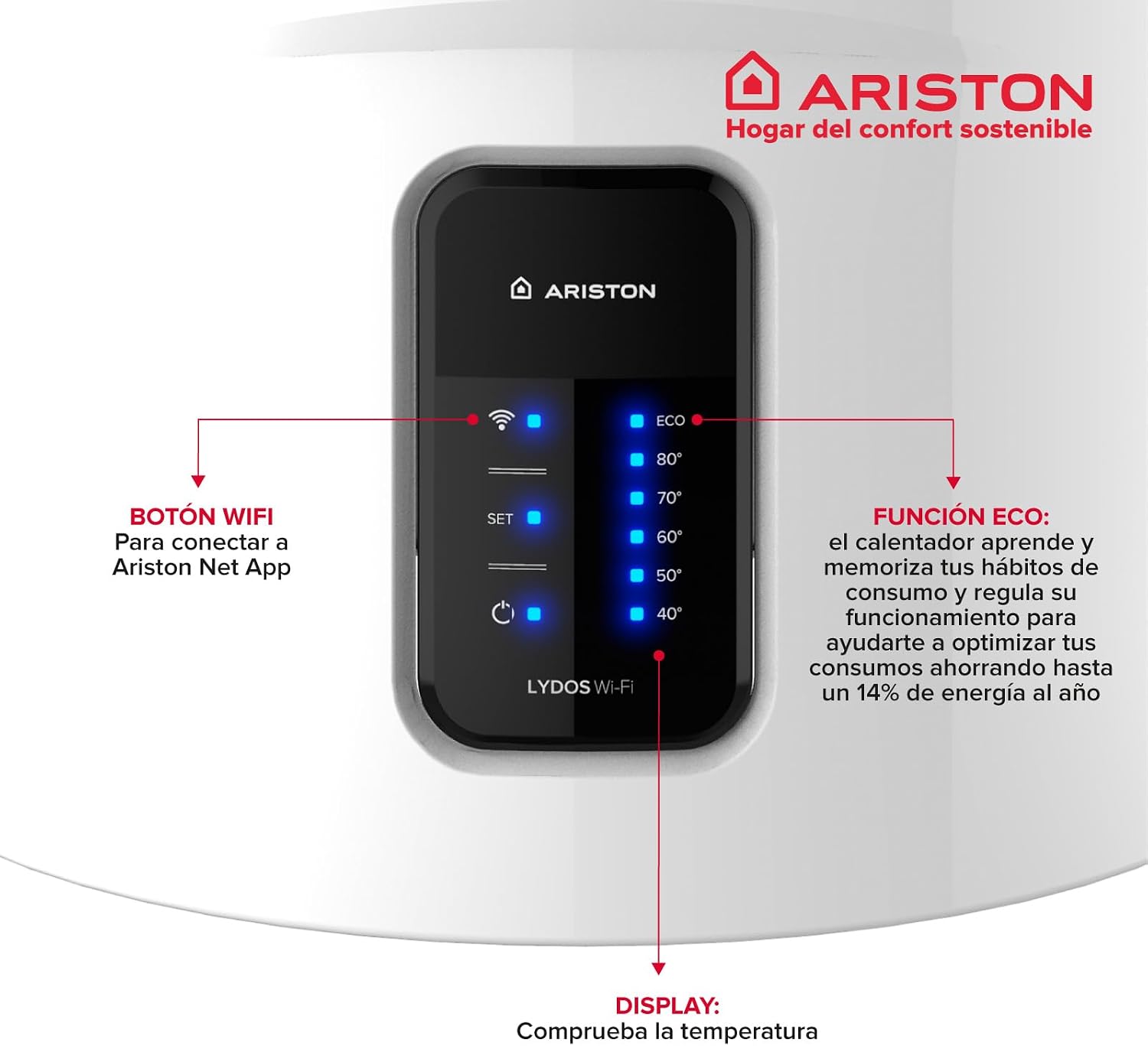 Detalle de Ariston Lydos Wifi: Scaldabagno Elettrico 50 L con Display Touch e connettività