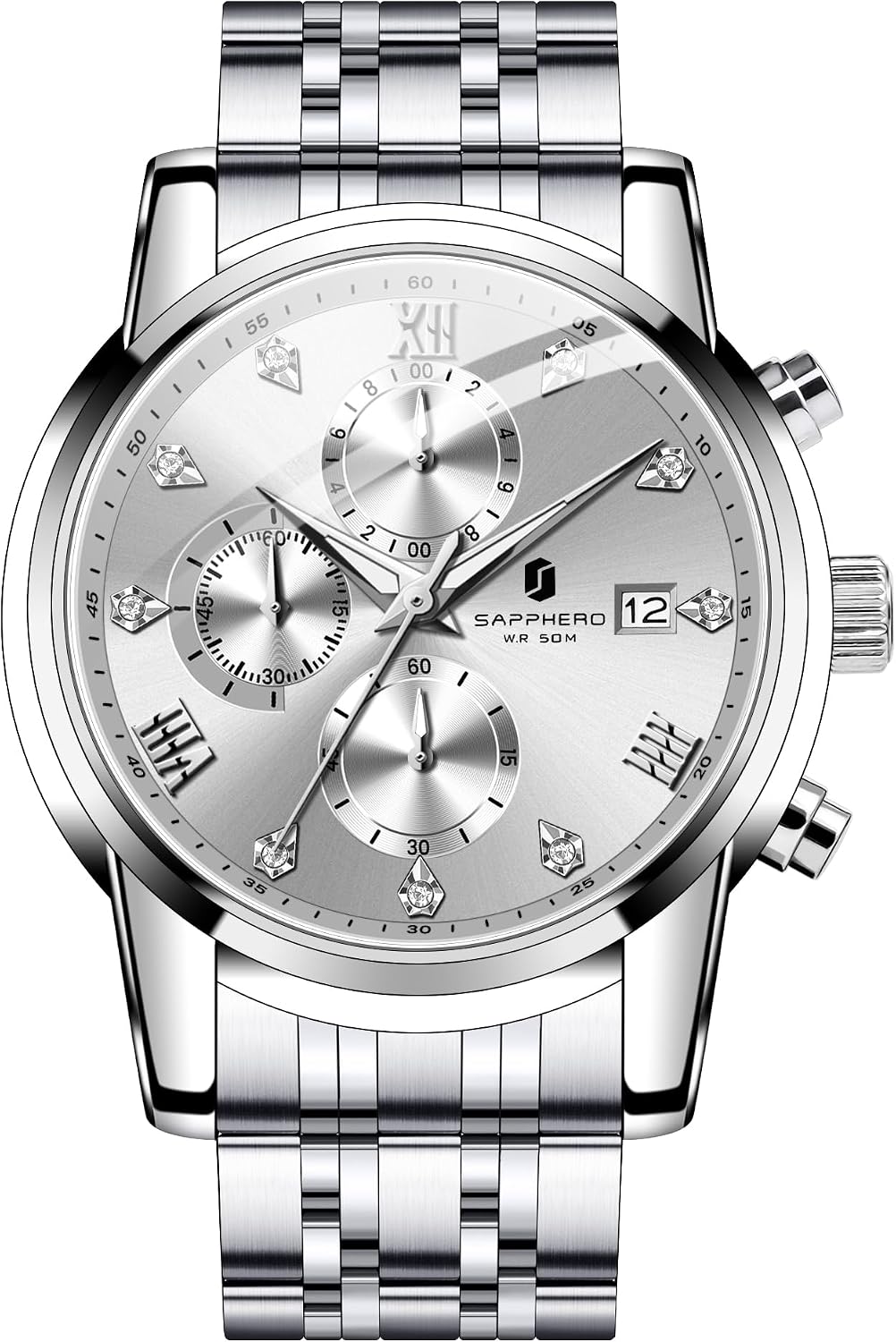 Detalle de SAPPHERO Herrenarmbanduhr Edelstahl, 50M wasserdicht, Chronograph, Datumsanzeige – stilvolle Quarz-Uhr