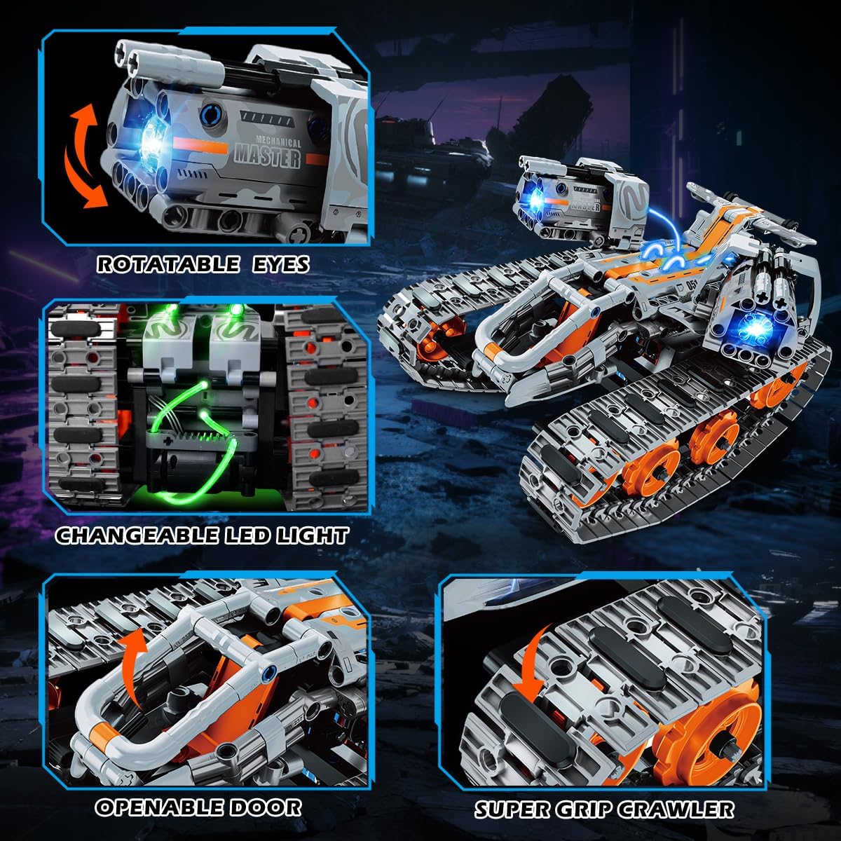 Detalle 2 de PLAXSOON Technik Bauspielzeug 5‑in‑1: RC Panzer, Roboter & Co. mit LED, 604 Teile