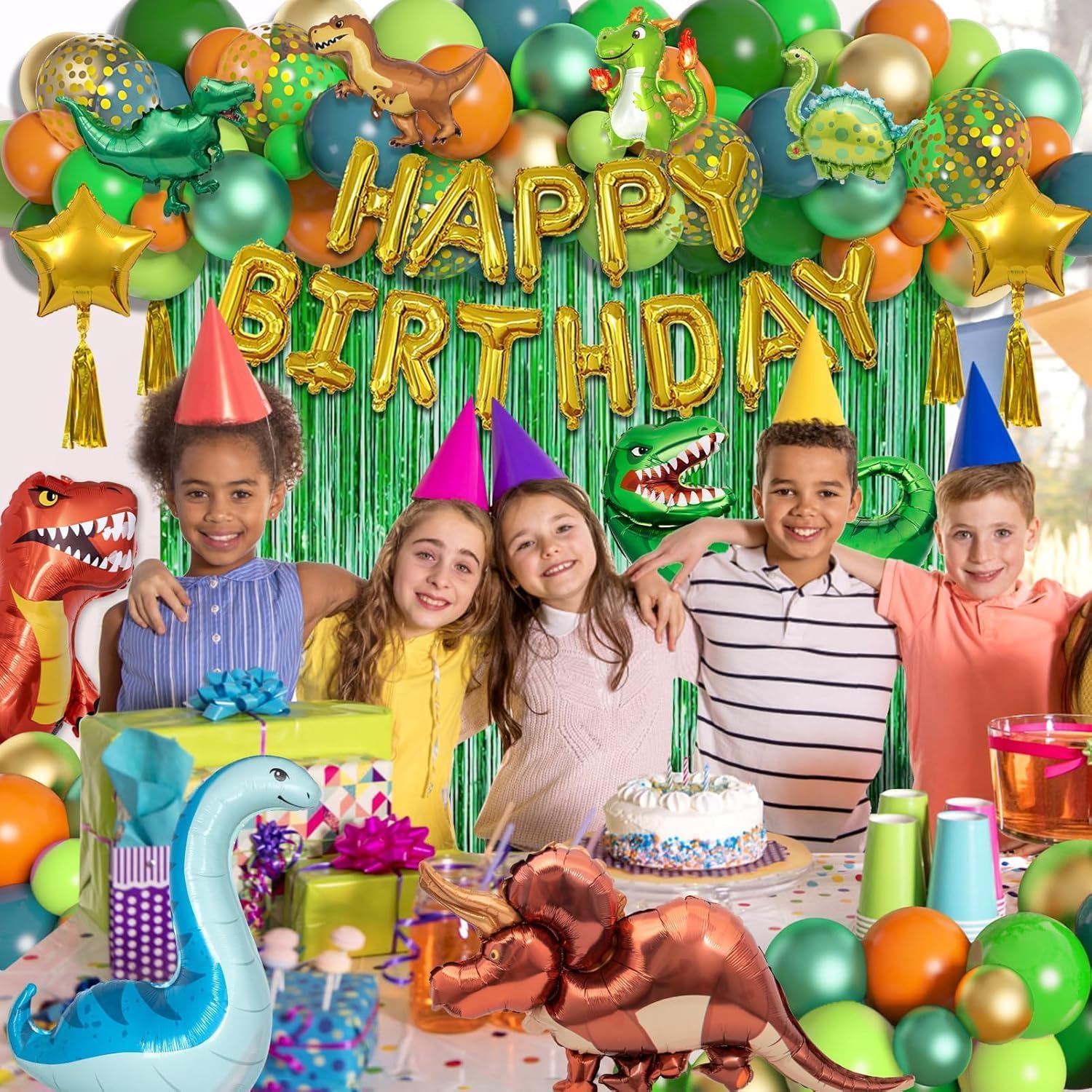 Thumbnail 4 de BlueCloudy Dinosaur Party Balloons Supplies – 125pc Jungle Happy Birthday Foil Balloon Curtain & Arch Set