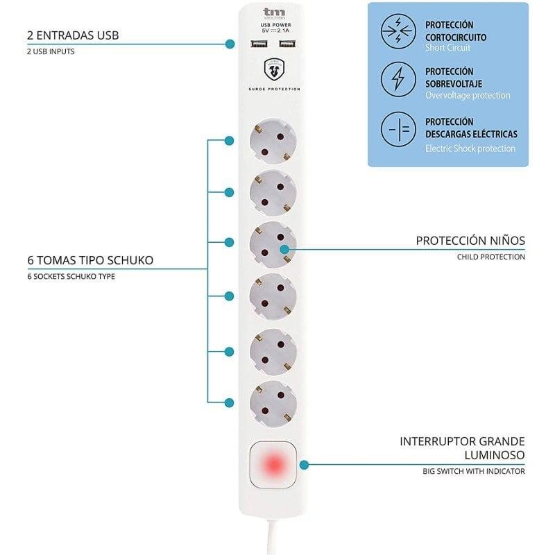 Detalle de tm-electron Regleta 6 tomas 2 USB 5V