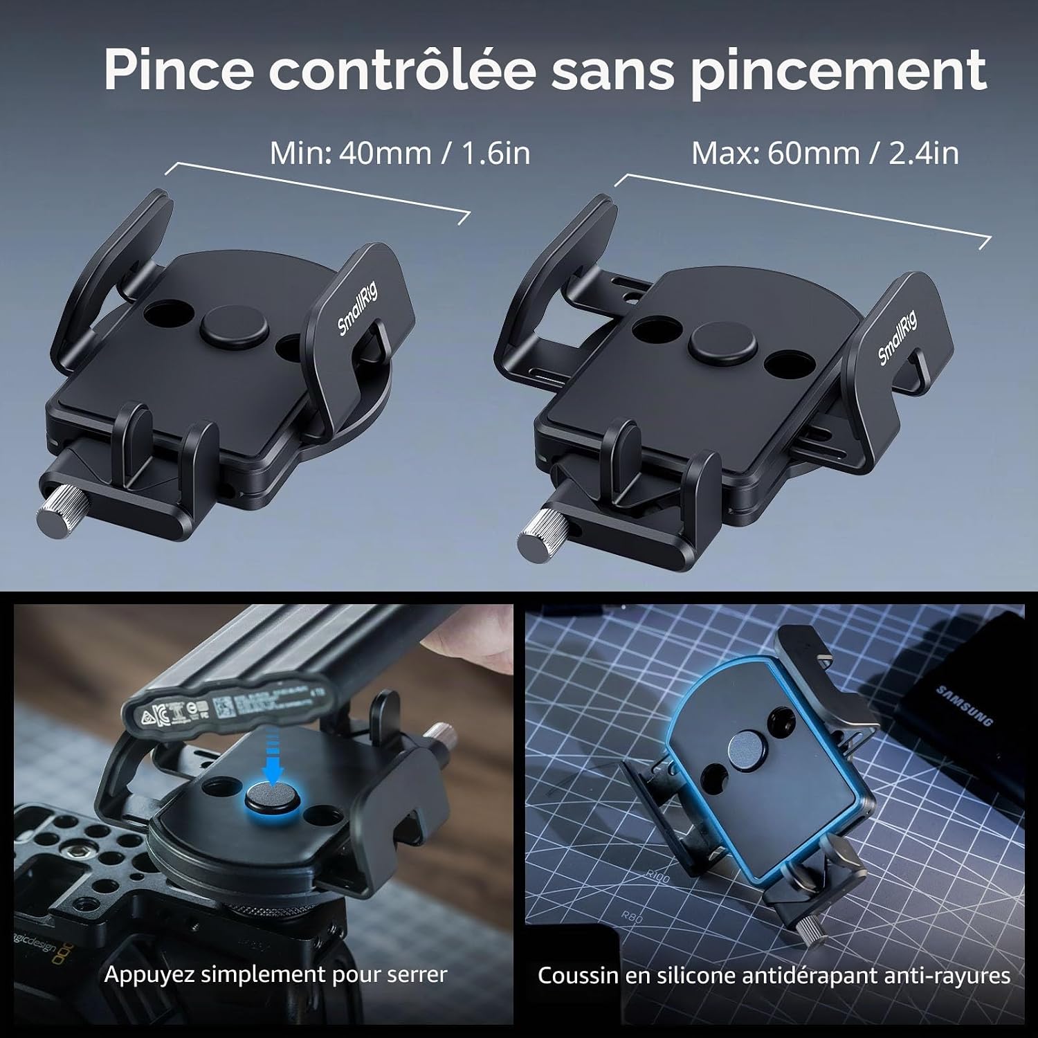 Detalle 2 de SMALLRIG Support universel SSD avec serre-câble pour griffe de flash (largeur de serrage 40 à 60 mm)