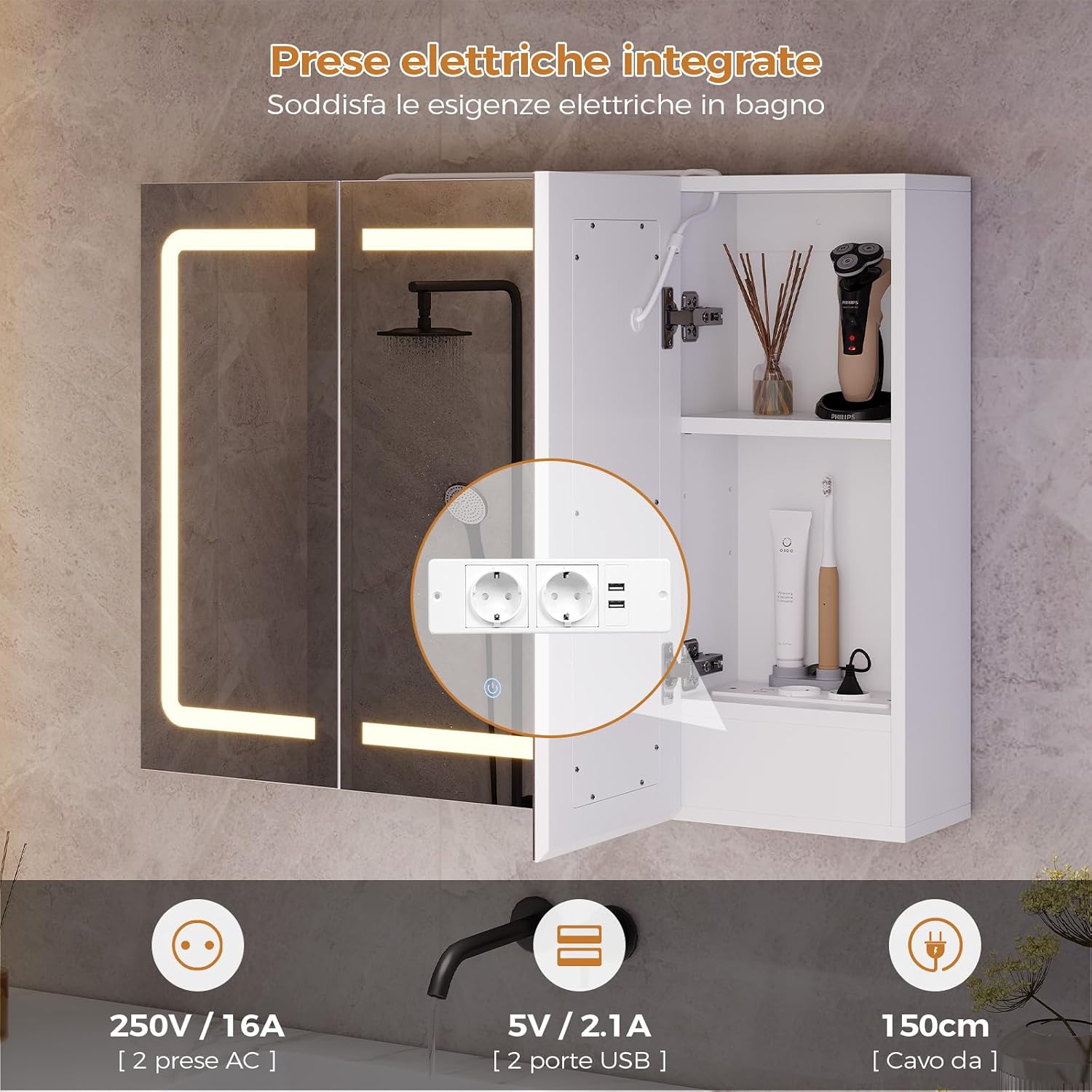 Detalle de mojiasion Specchio Bagno LED con Presa Elettrica + USB e specchi 360° (80x16x60 cm) sospeso, 3 ripiani regolabili, bianco