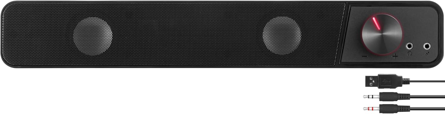 Detalle de Speedlink BRIO Stereo Soundbar für den PC mit 12 Watt, AUX (3,5-mm) & Kopfhörer/Mikrofonanschluss, schwarz