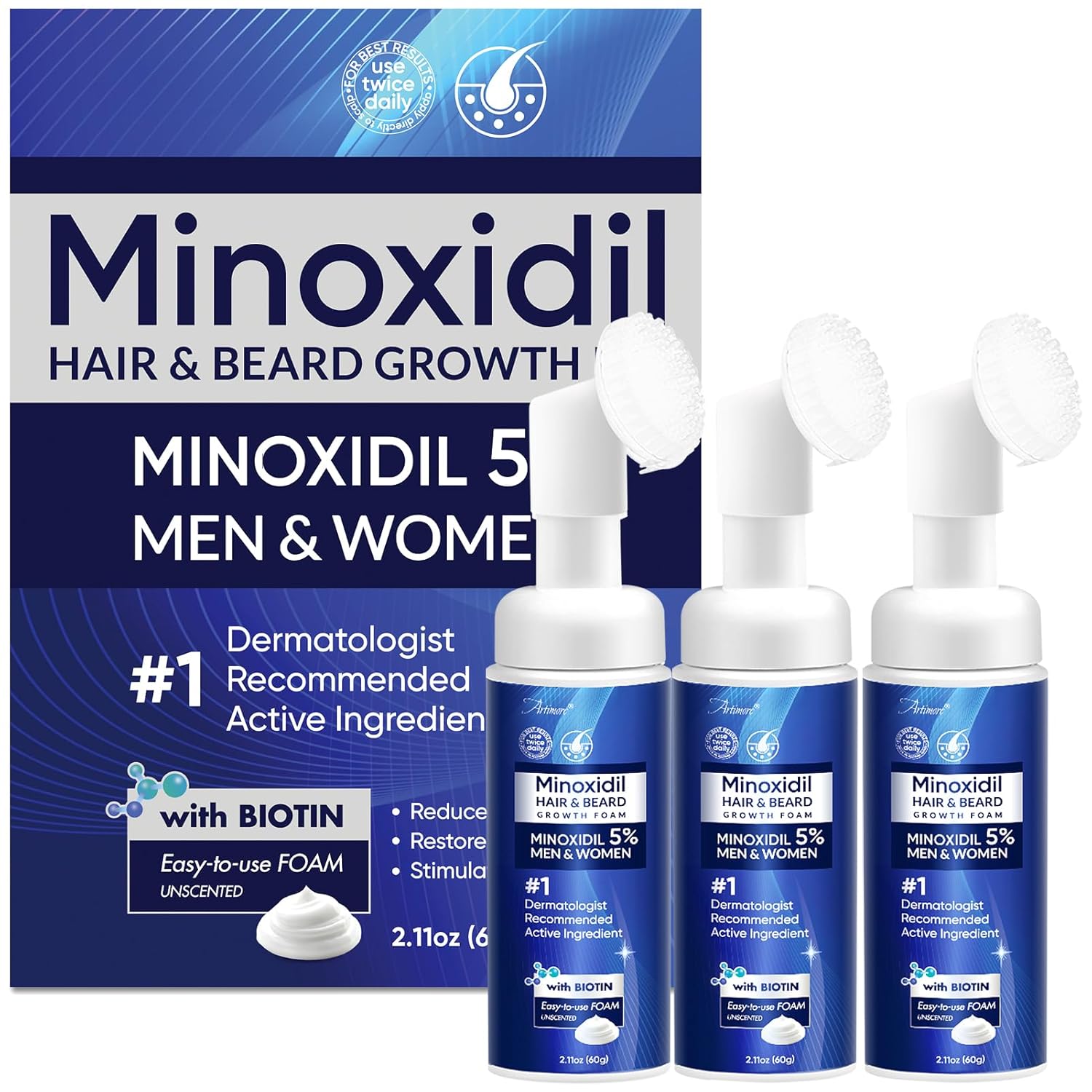 5% Minoxidil Foam for Men and Women with Biotin & Castor Oil – 180ml (3 Packs)