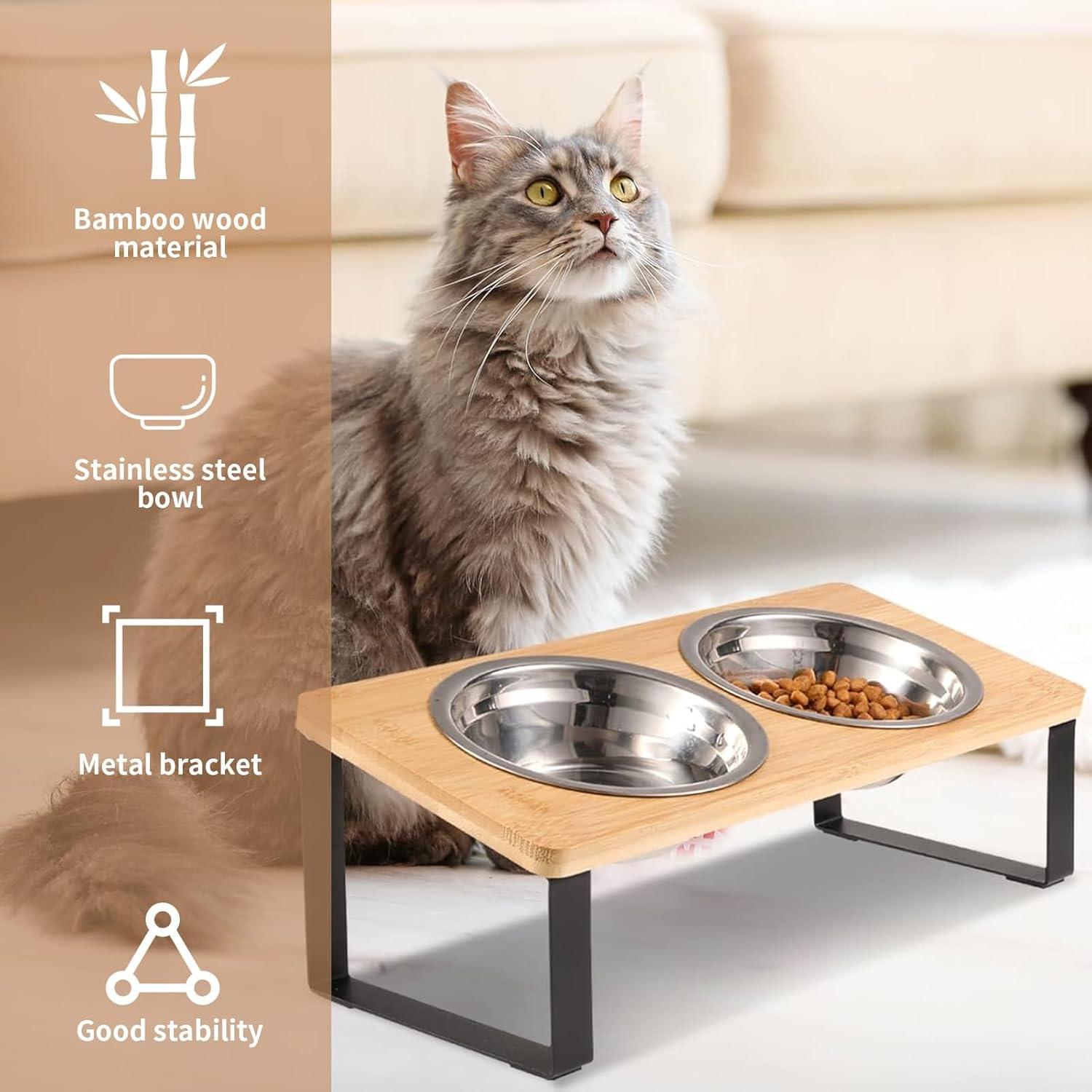 Detalle de Elevated Cat Food Bowls 15° Tilted Stainless Steel Raised Feeding Bowls with Wooden Stand