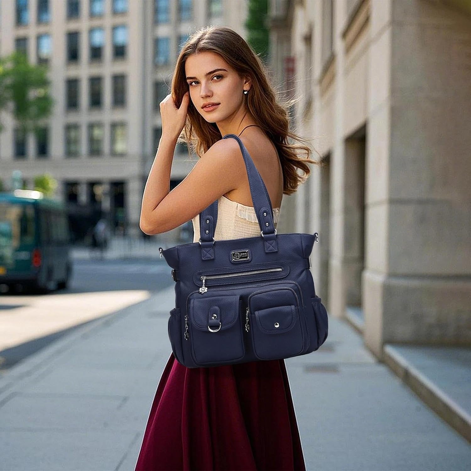 Detalle de KL928 Handtasche Damen Umhängetasche Schultertasche mit vielen Fächern – Kaffee