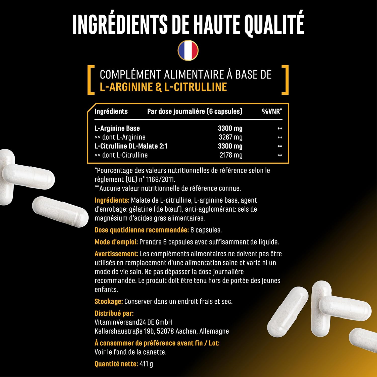 Detalle de GEN German Elite Nutrition L-Arginine + L-Citrulline 320 gélules (1100 mg) en ratio 1:1