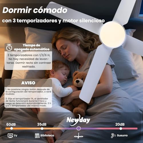 Detalle de Ventilador de Techo Newday 122 cm con Luz y Control Remoto — DC, 4 aspas, silencioso