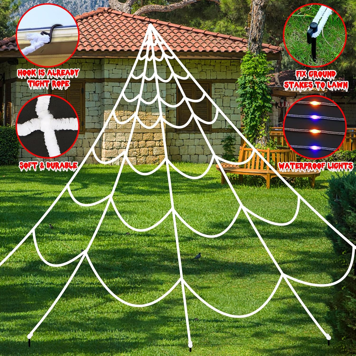Thumbnail 2 de Aitbay Aitbay-148 Lighted Halloween Spider Web, 150 Purple & Orange LEDs