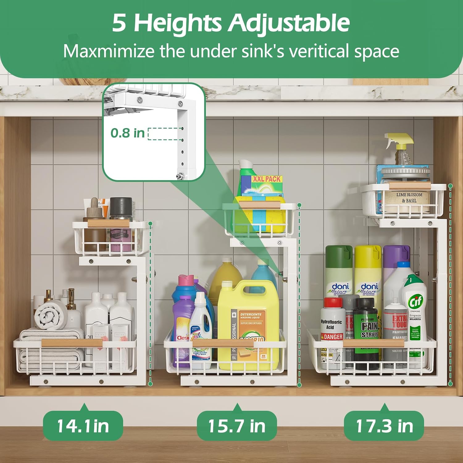 Detalle 1 de ADRIMER AR0106A2-FCA Under-Sink Organizer 2-Pack, Adjustable Pull-Out Shelves
