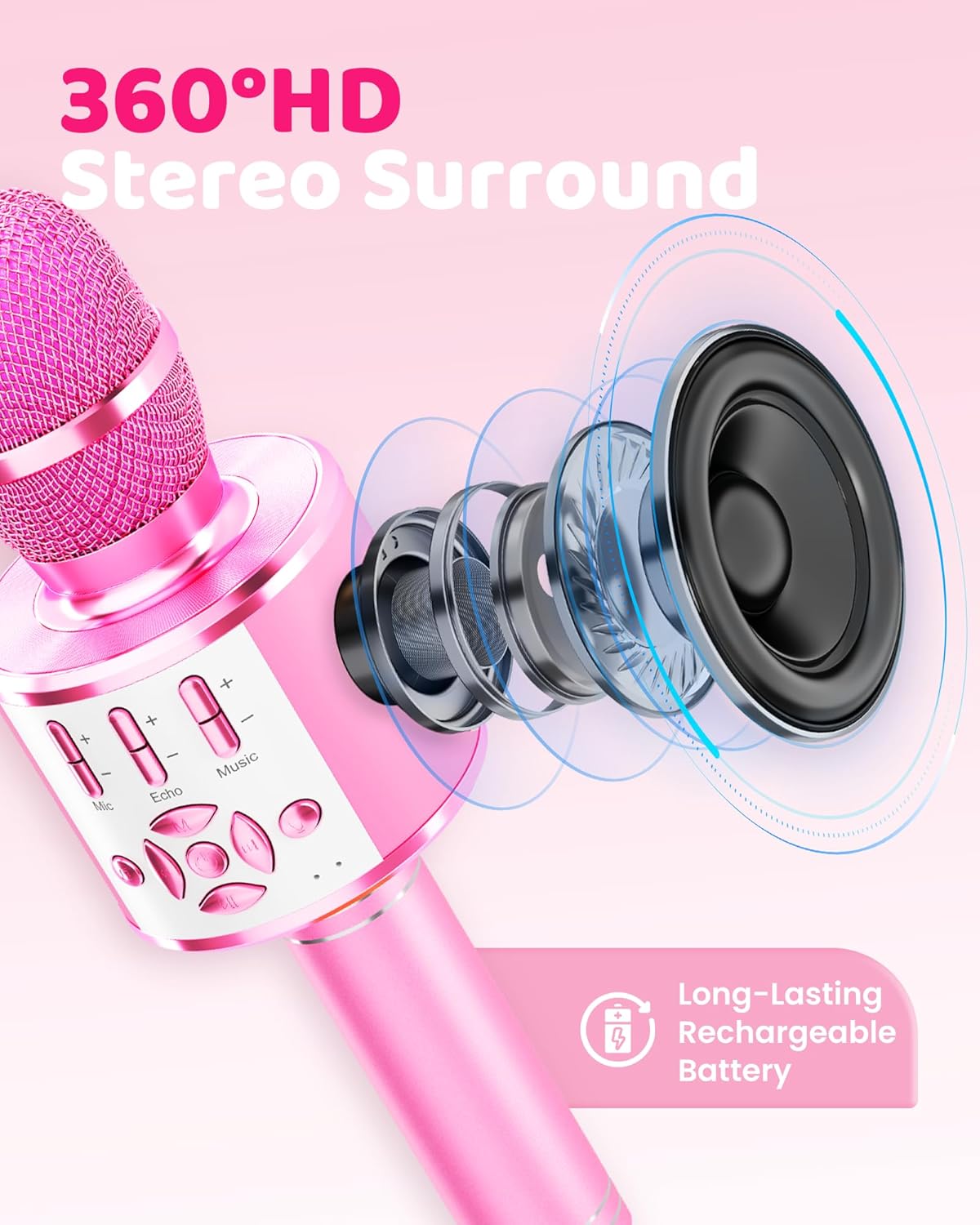 Thumbnail 1 de BONAOK Magic Sing: microfono karaoke wireless 4 in 1 in rosa chiaro, perfetto per feste in casa