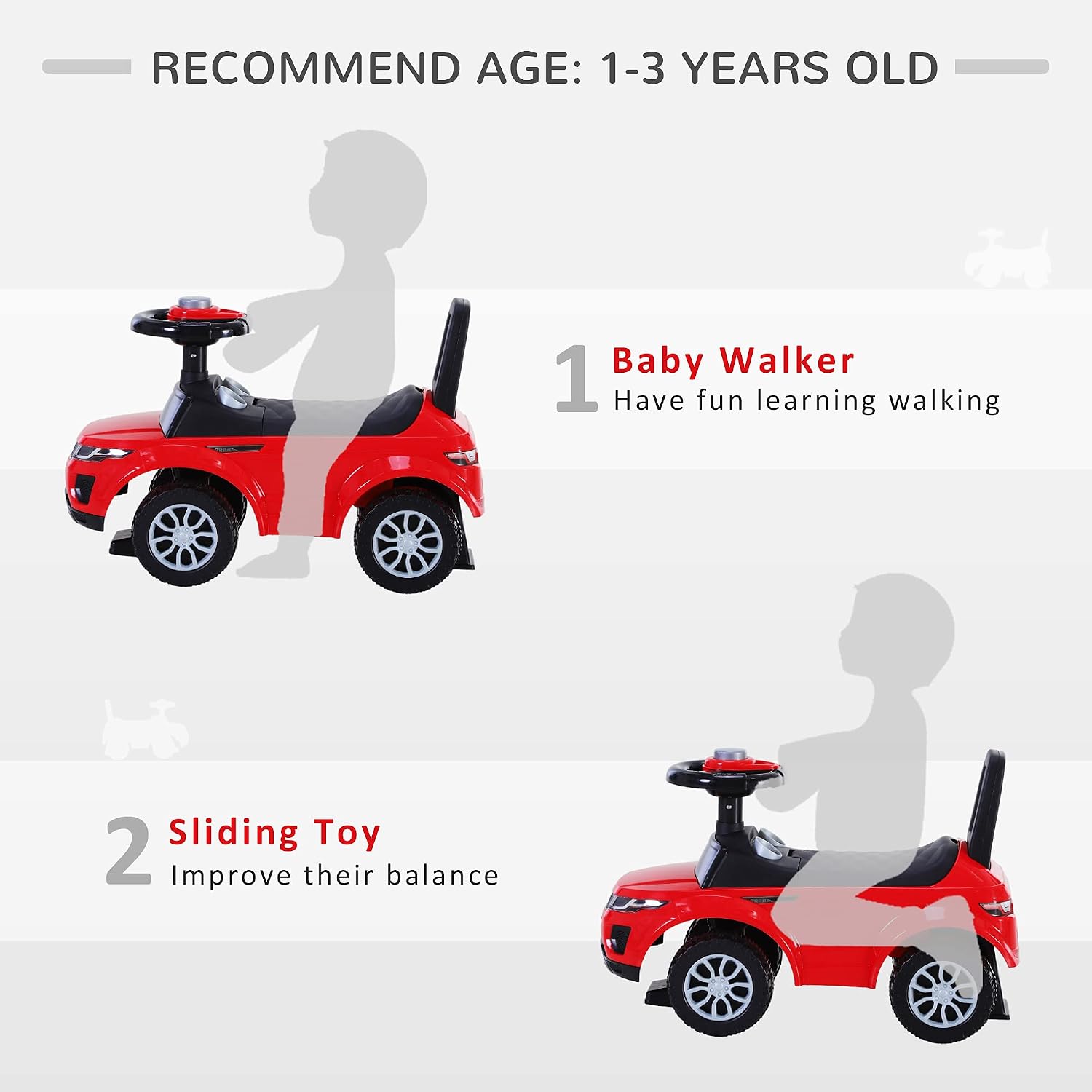 Thumbnail 5 de HOMCOM 3-in-1 Ride On Car for Toddlers (Foot-to-Floor) – Red