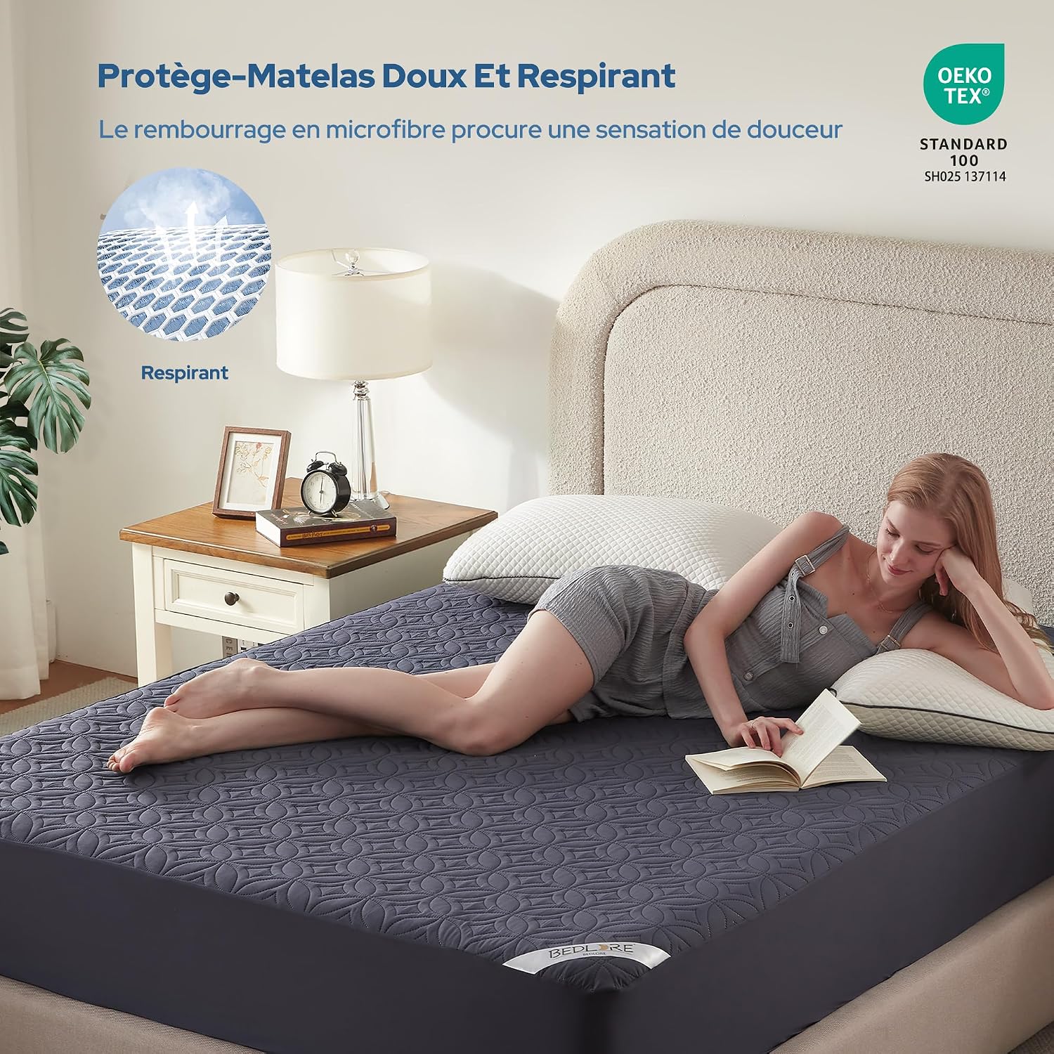 Detalle de BEDLORE Protège-Matelas 160x200 Imperméable en Microfibre Douce avec TPU Amélioré – Bleu