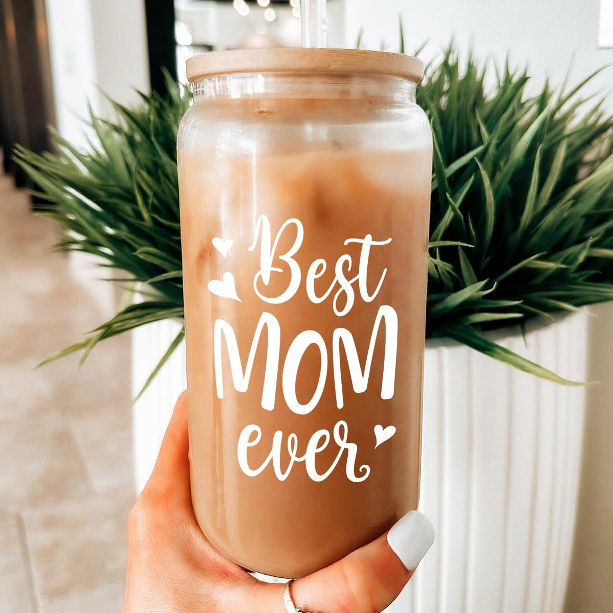 Thumbnail 5 de SANDJEST 16 oz Glass Coffee Cup with Bamboo Lid & Straw – Gifts for Mom from Daughter or Son
