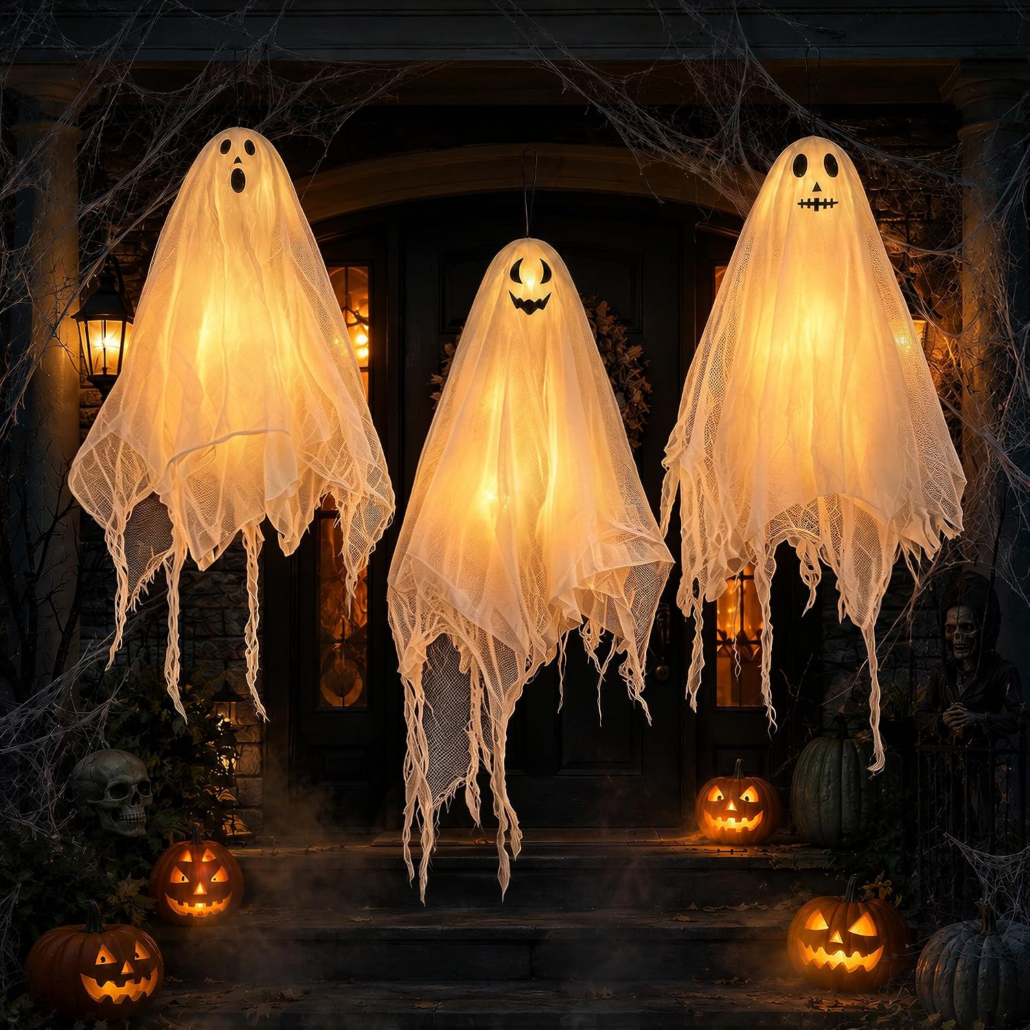 Detalle de ShadowRealmTech 067 – hängande Halloween-spöken med varmvit LED och tre ljuslägen