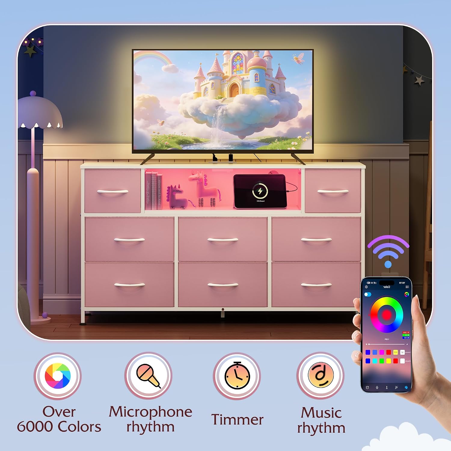 Thumbnail 4 de WLIVE Pink LED Dresser TV Stand for TVs up to 55 Inches, 8 Fabric Drawers