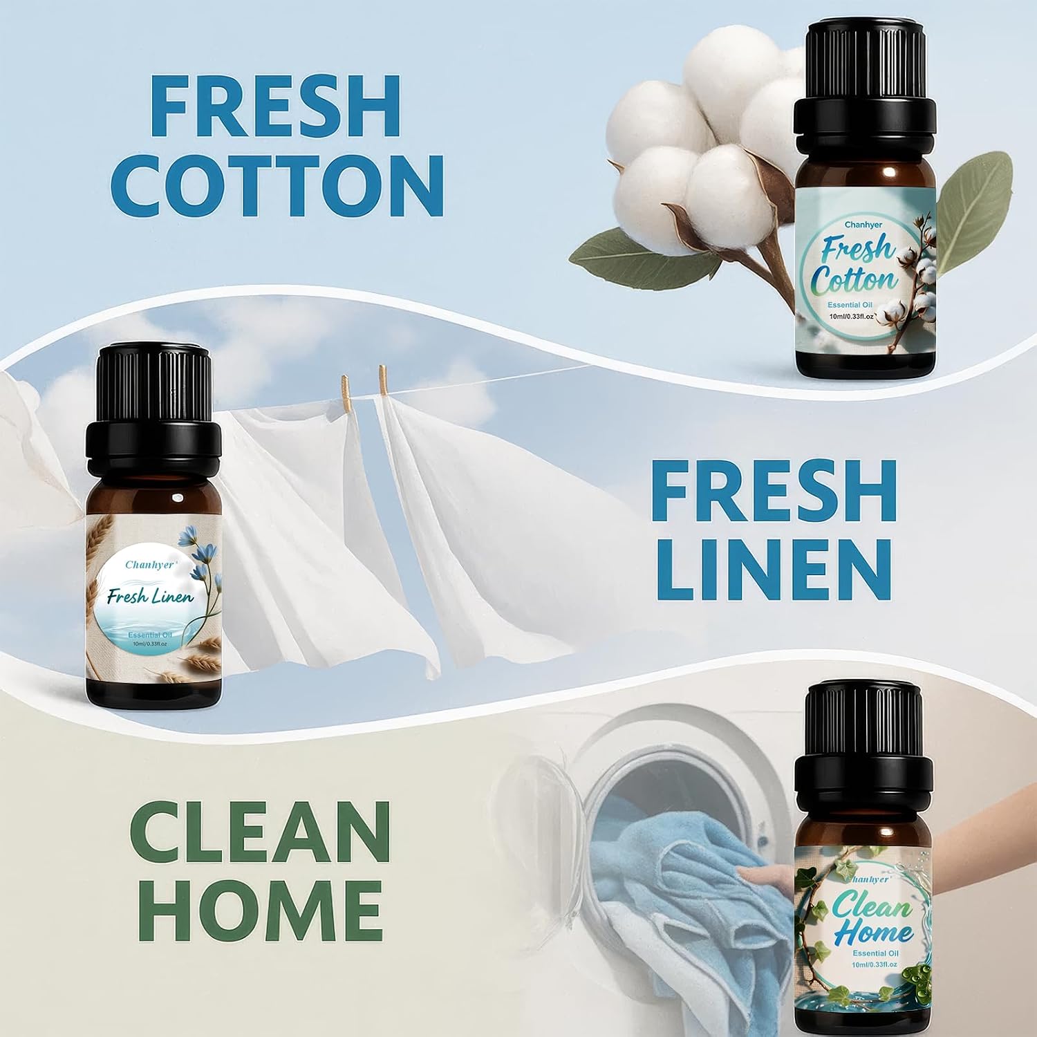 Detalle de Clean Essential Oils Set 6x10ml – Fresh Linen, Mint, Clean Home, Silken Breeze, Fresh Cotton, Floral Soap